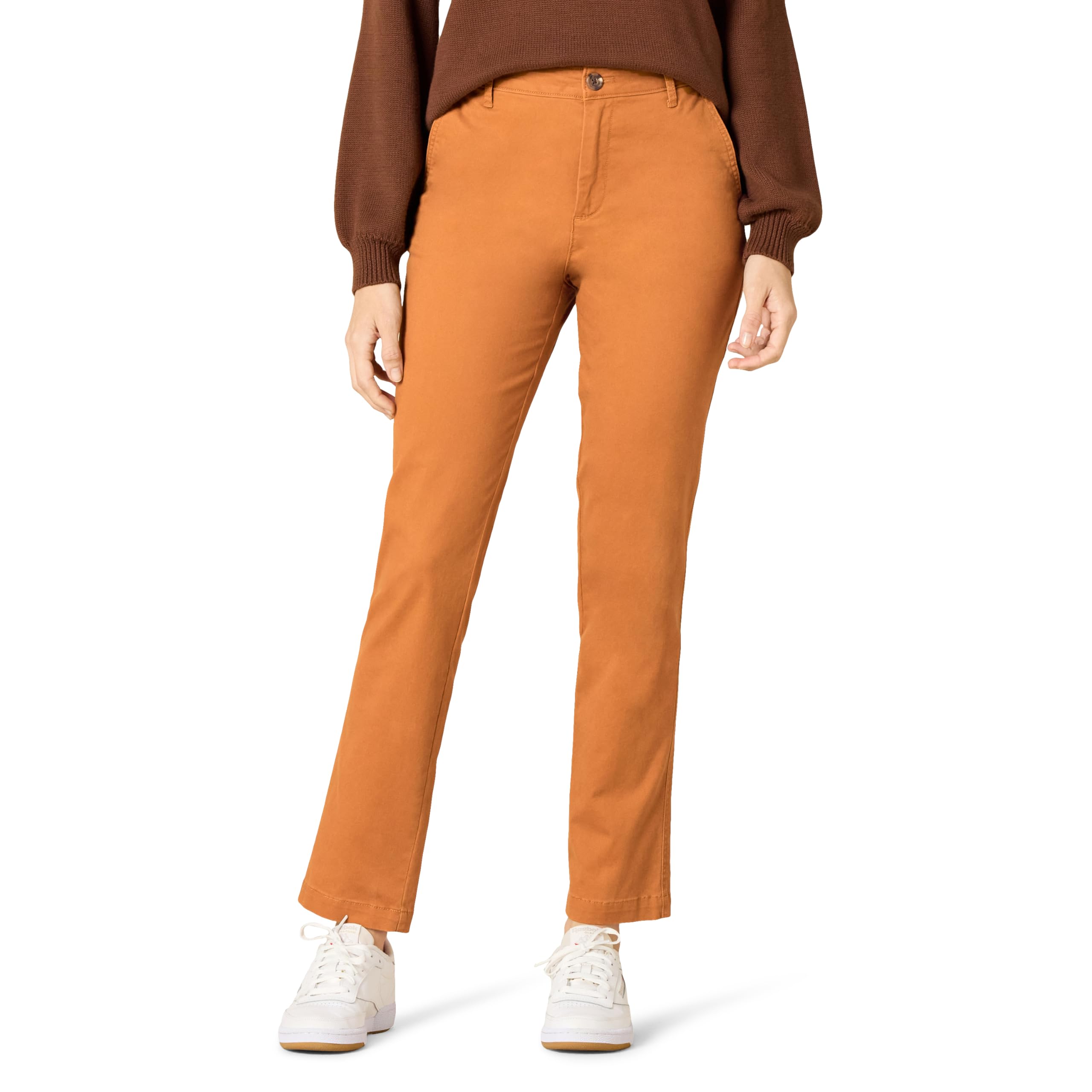 Amazon Essentials Womens High-Rise Slim-Fit Full-Length Straight-Leg Khaki Pant, Caramel, 6