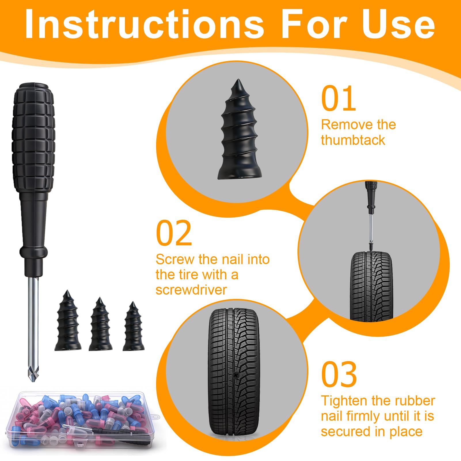 85 Piezas Repara Pinchazos Coche Kit Antipinchazos Coche + Destornillador con 3 Tamaños de Clavo de Goma para Neumáticos para Automóvil Motocicleta Camión Tractor(28S+28M+28L) — view 4