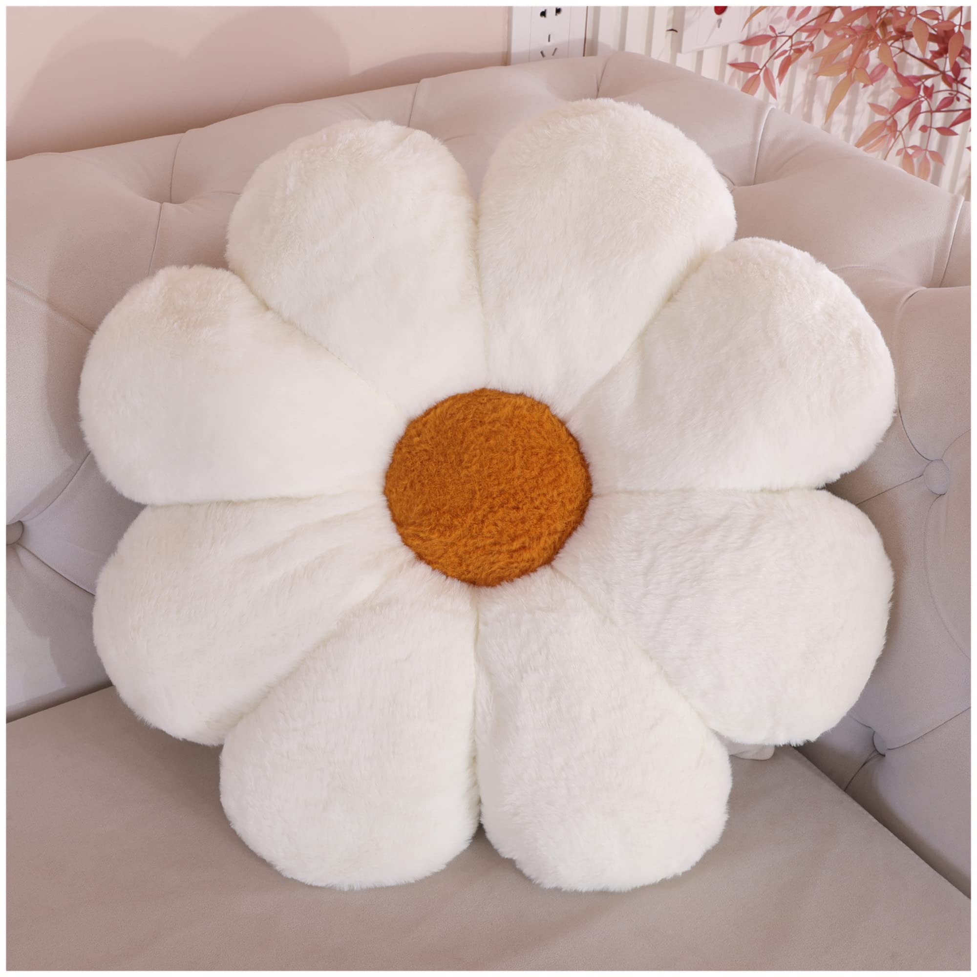 LANFIRE Almohada de Flores de Peluche Cojín de Suelo Cojín del Asiento de la Silla Almohada Decorativa Sofá Cama Almohada (40CM, White Brown)