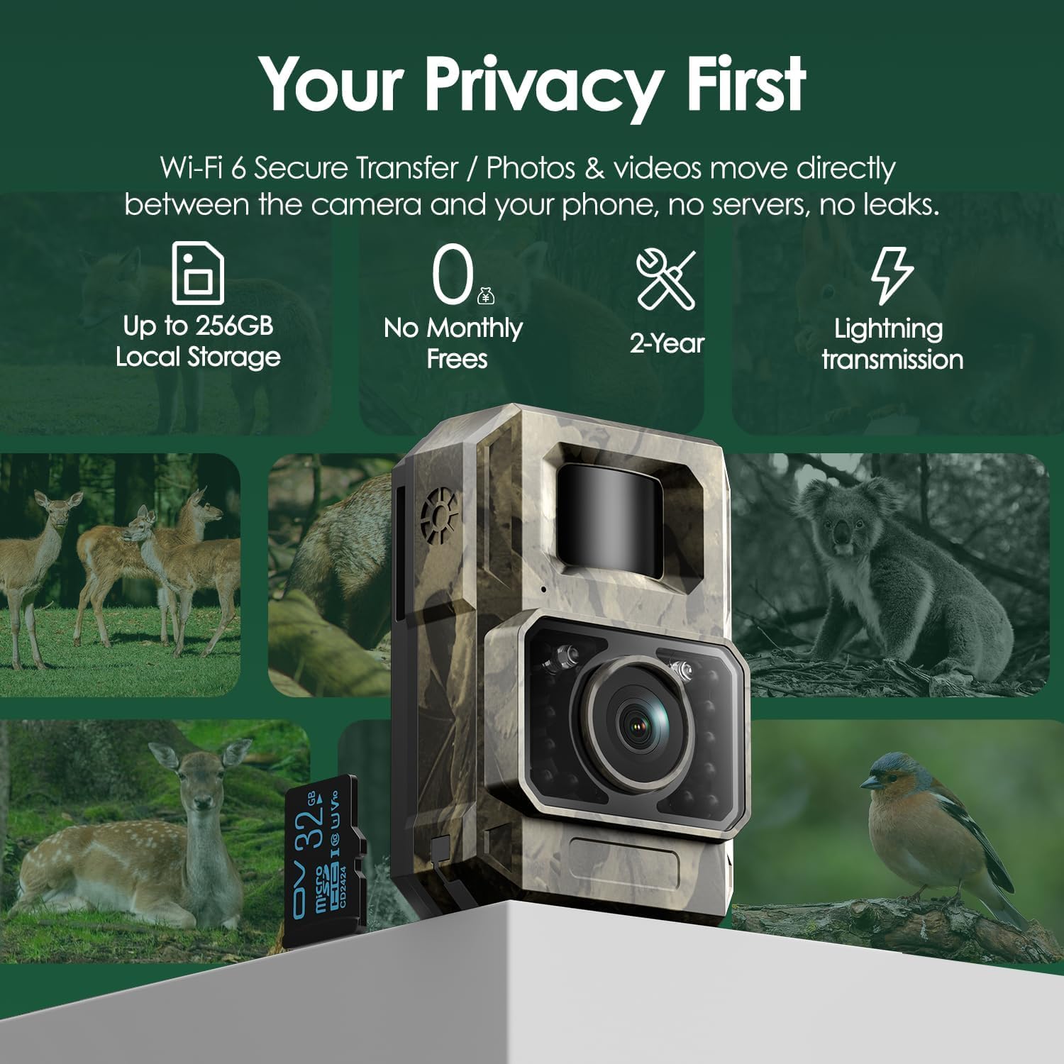 MAXDONE Solar WiFi Trail Camera Bluetooth Game Camera, 4K 64MP Wildlife Cameras 2000mAh Built-in Battery Rechargeable Power Hunting Cameras with Night Vision Trail Cam Bluetooth Wi-Fi Deer Cams