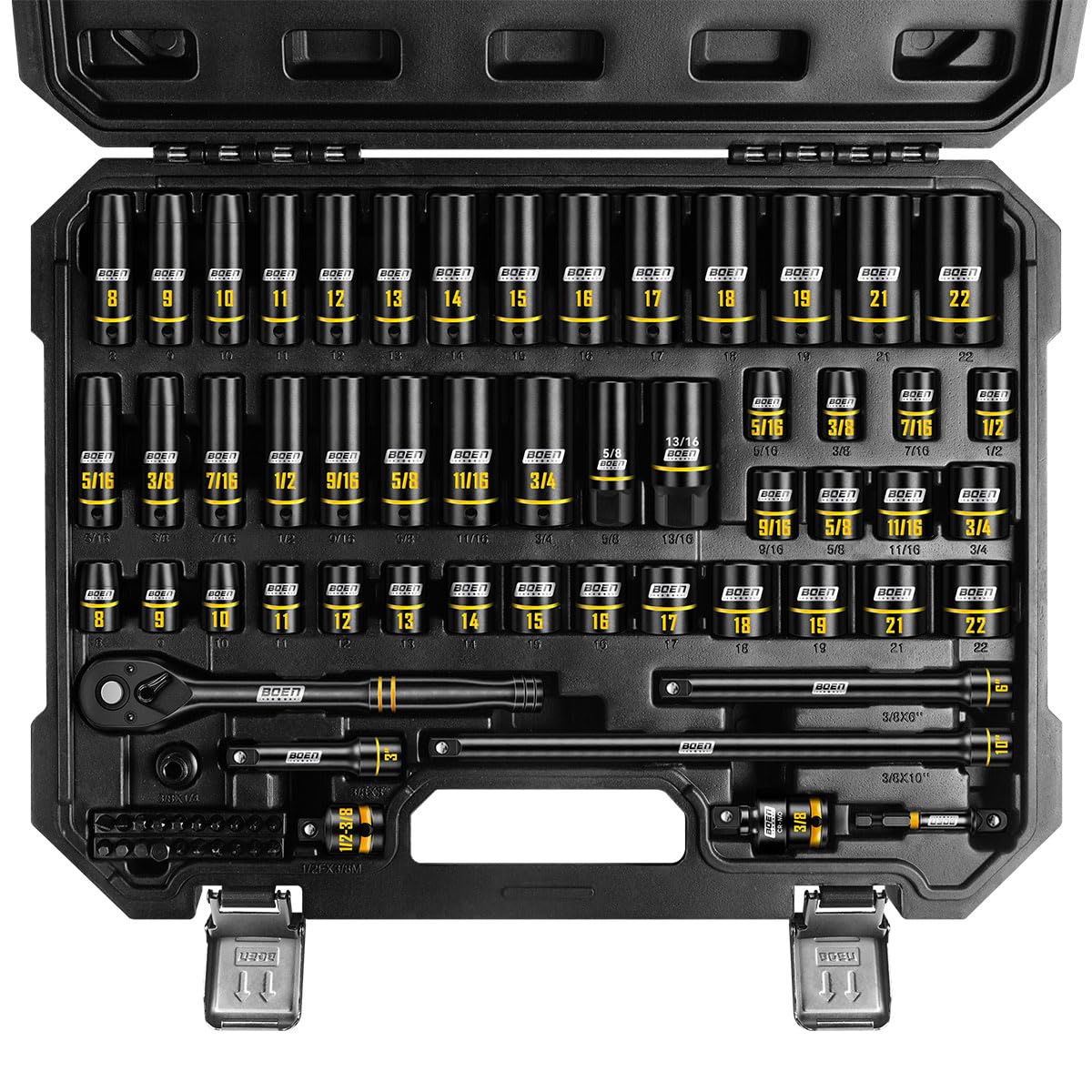 boen 3/8" Drive Impact Socket Set, 74PCS Metric (8-22mm) & SAE (5/16"-3/4"), 6-Point Deep…
