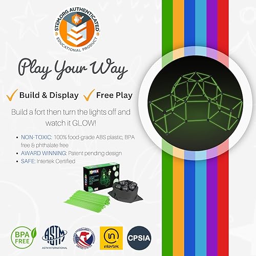 Miniatura 9 de Tytan Tiles Glow in the Dark Fort Juego de construcción de 130 piezas, palos de fuerte, conectores de bola, juego creativo para interiores y