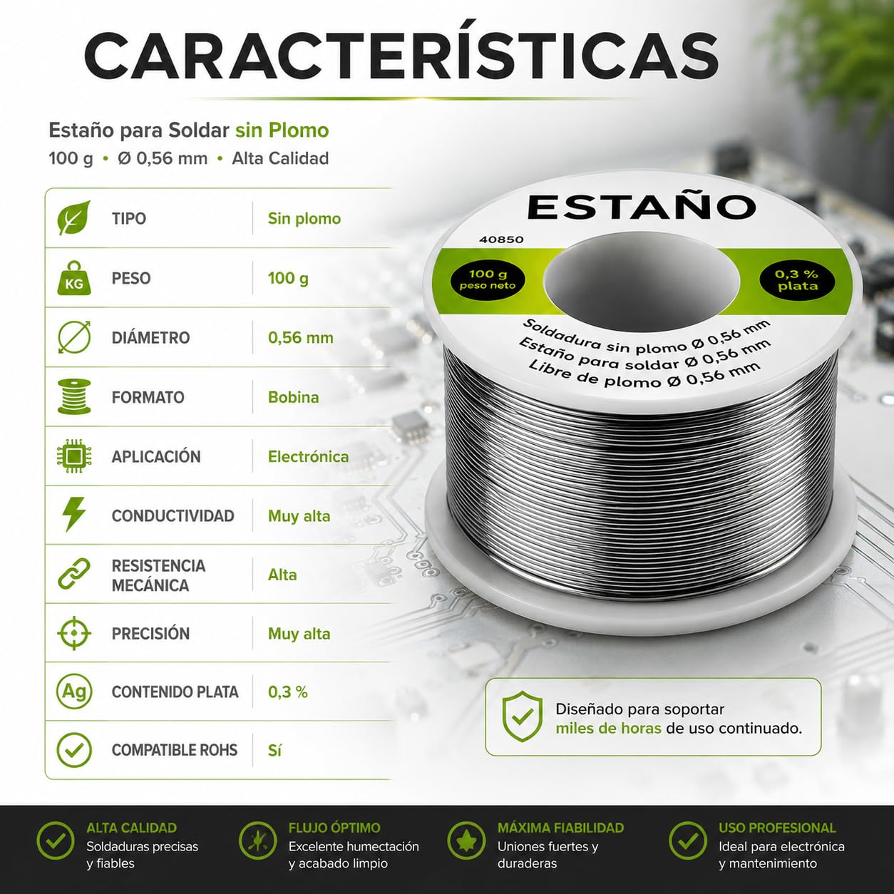 CABLEPELADO Estaño para Soldar Sin Plomo 100 g Ø 0,56 mm con 0,3% Plata | Hilo de Soldadura para Electrónica, PCB, SMD y Reparaciones Eléctricas | Compatible RoHS