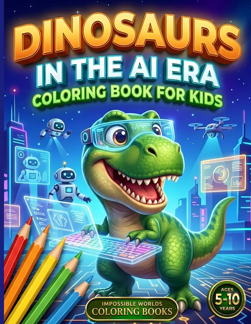 Dinosaurs in the AI Era: Coloring Book for Kids Ages 5-10 | Dinosaurs, Robots and Artificial Intelligence in a Futuristic World | 60 Original ... Gift Idea (Impossible Worlds Coloring Books)