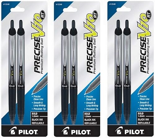 PILOT (3) Precise V10 RT - Bolígrafos retráctiles de alta calidad con punta rodante, negrita, 0.039 in, tinta negra, paquete de 2 (13548)