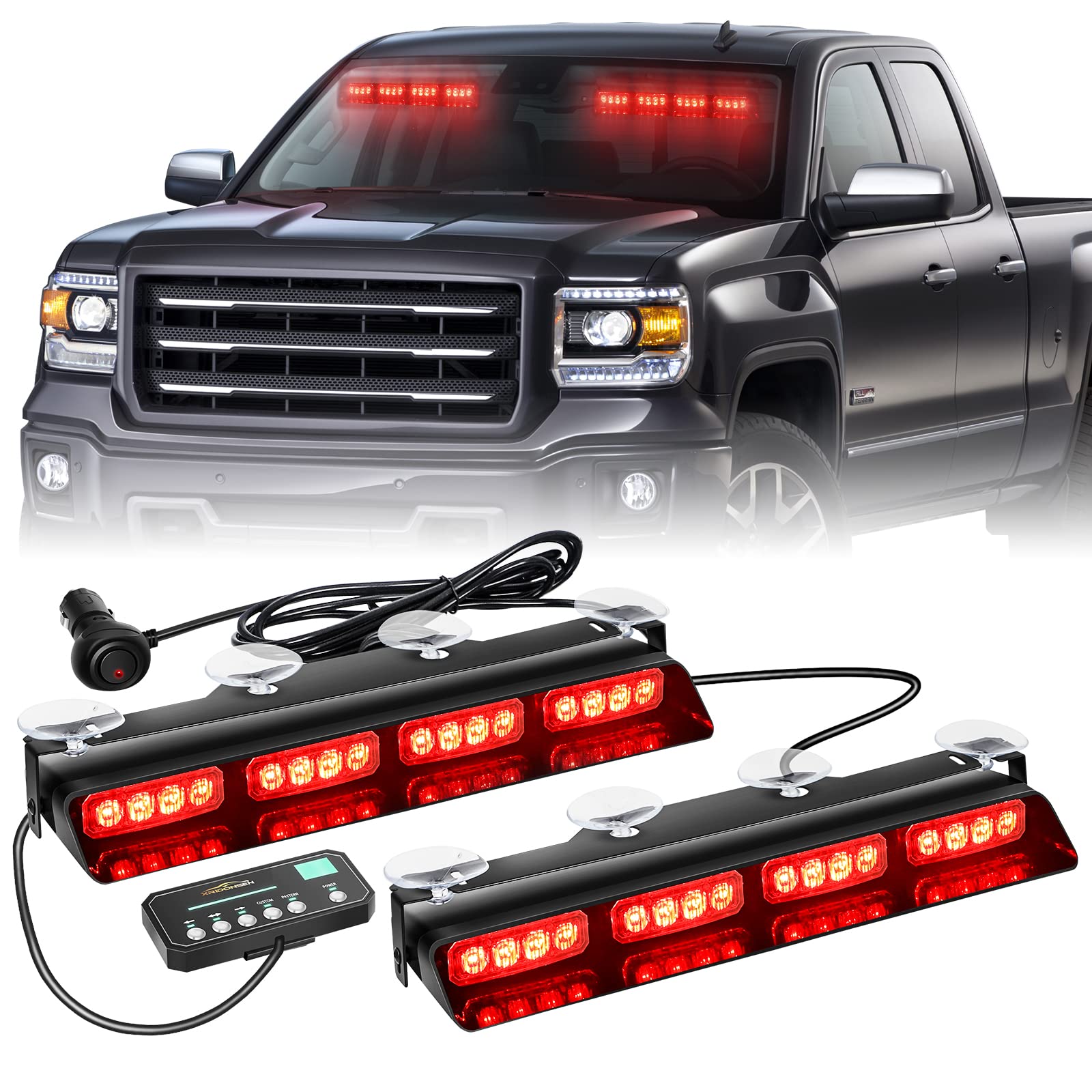 XRIDONSEN Emergency Dash Strobe Lights Safety Flashing Warning Hazard Interior Front/Rear Windshield Deck Split Lights w/Suction Cups for Volunteer Firefighter Police Vehicles Trucks (2x14 inch, Red)