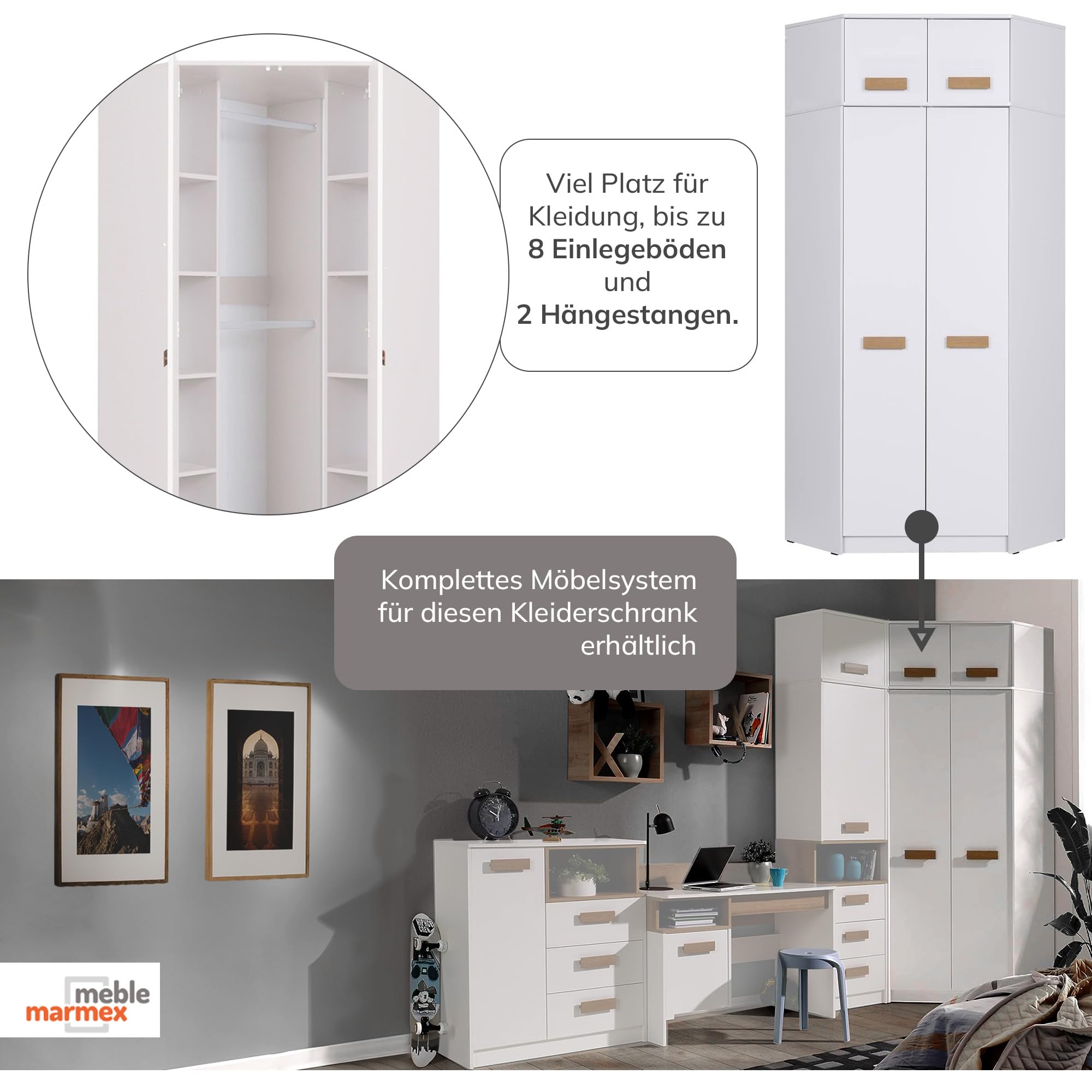Marmex Kleiderschrank Holz Eckschrank mit Kleiderstange und Einlegebode Mehrzweckschrank Schrank Kinderzimmer Schlafzimmer Möbel Flurschrank Grant G8+G15 91x235 cm