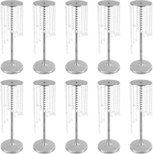 DYNAMI Juego de 10 lujosos soportes de flores de cristal, centros de mesa de boda, jarrón de flores de cristal plateado, soporte de arreglo floral