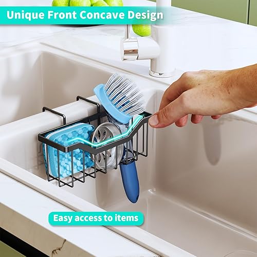 Miniatura 5 de HapiRm Soporte de esponja para fregadero de cocina, organizador de fregadero de dos maneras de instalación con soporte para cepillo, organizador de