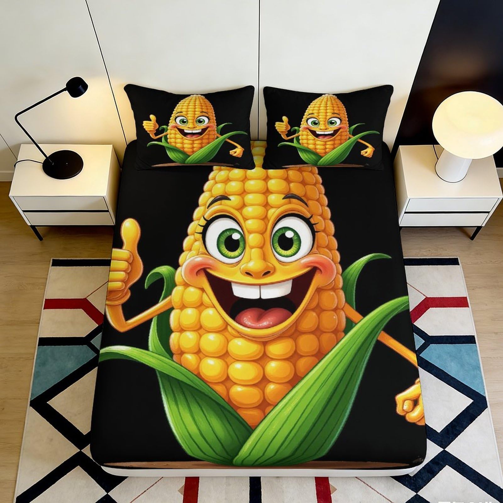 3D Printed Cartoon Corn Fitted Sheet Microfiber Anti-Slip Mattress Cover for Bedroom Guest Room Dorm Decoration Easy Care 120x200x25cm
