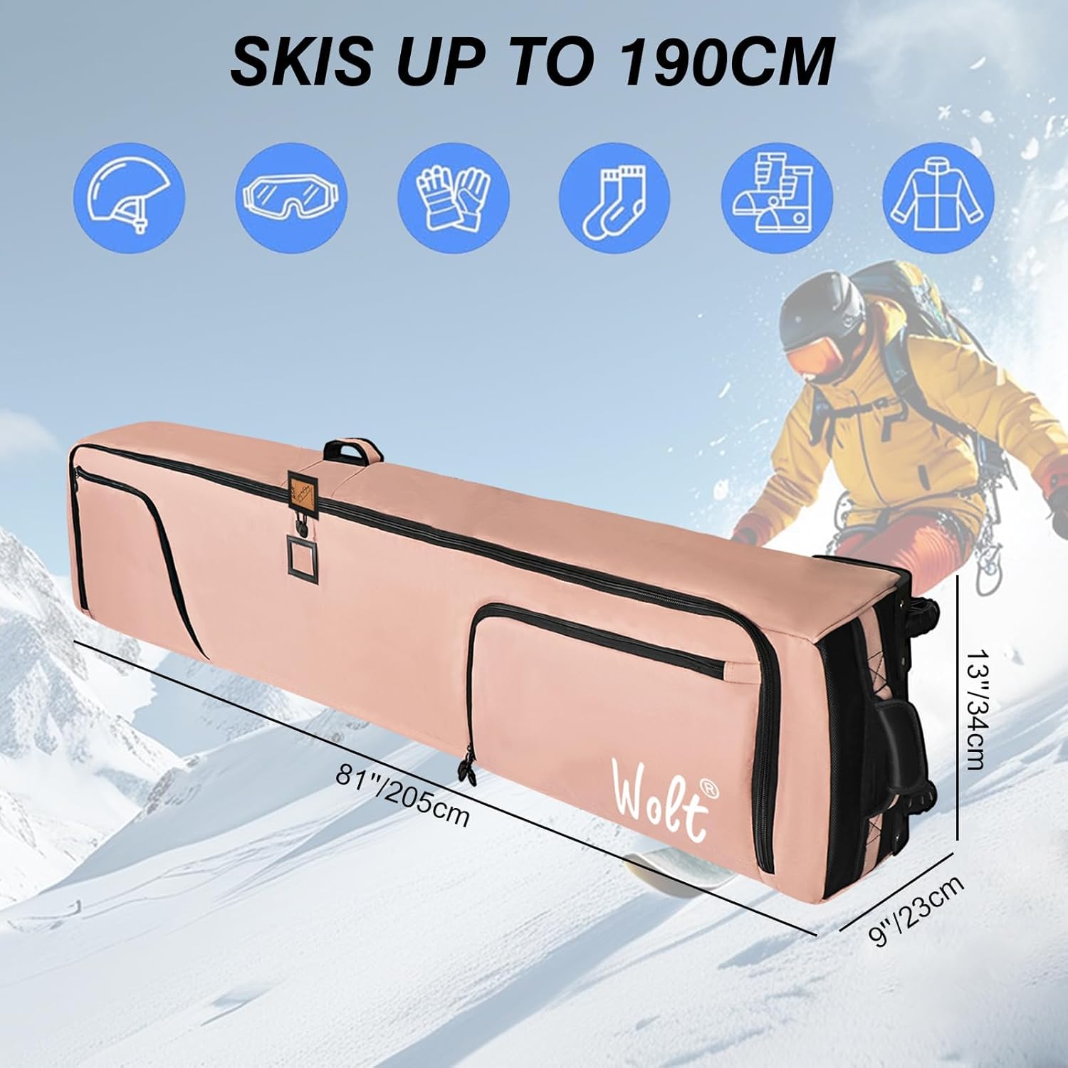 WOLT Rolling Ski Bag,Padded Snowboard Bag with Wheels for Air Travel, Fit to Double Pairs of Skis up to 175 or 190 cm