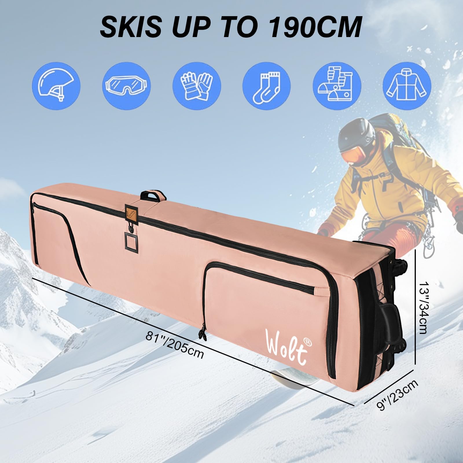 WOLT Rollende Skitasche – gepolsterte Snowboardtasche mit Rollen für Flugreisen, passend für Doppelpaar Ski bis 175 oder 190 cm