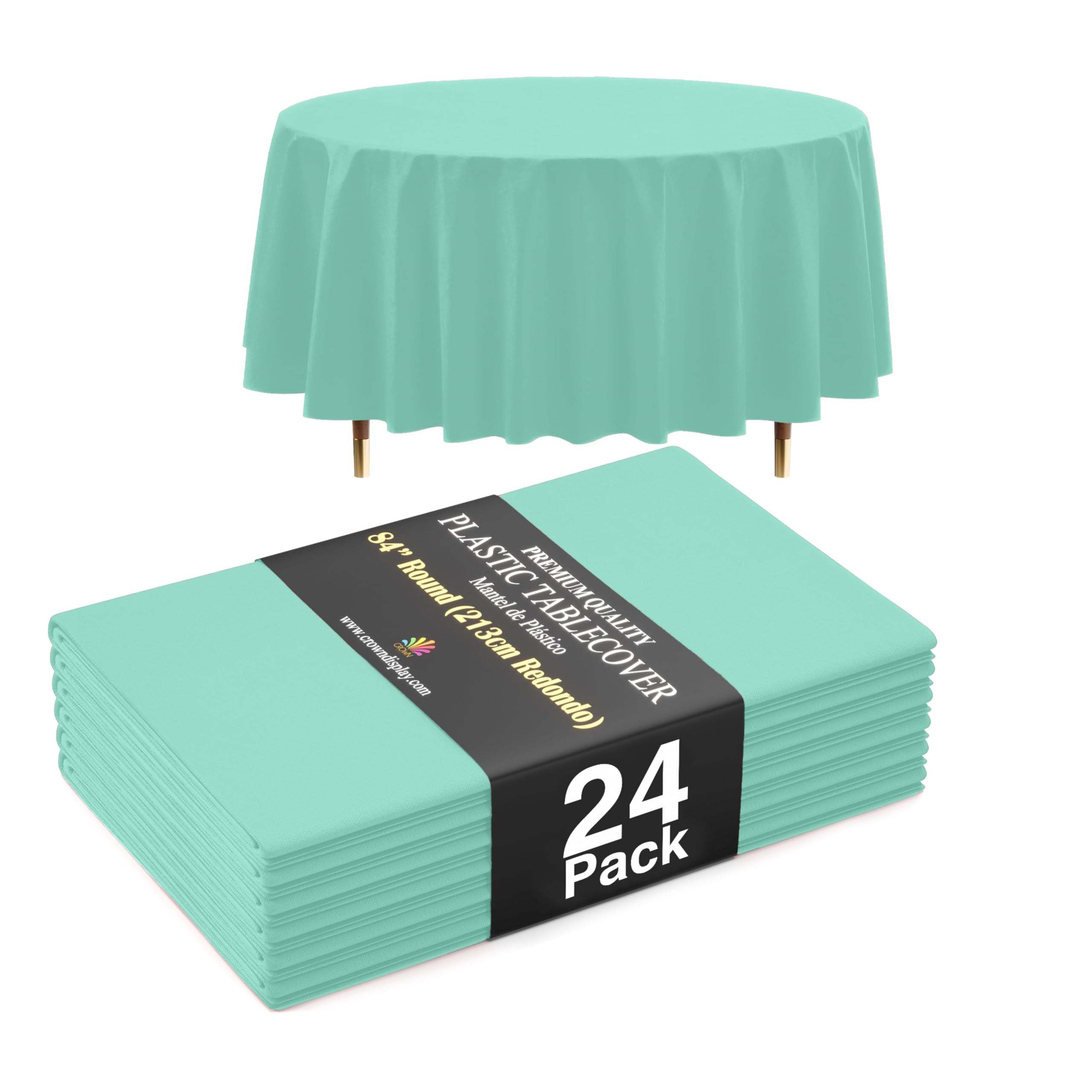 Exquisite 66% Thicker Premium Mint Round Tablecloth 0.5 Mil 24 Pack Plastic Table Cloth Disposable 84 Inch Round Plastic Tablecloth Won't Tear Easily Like Cheap Thin Brands