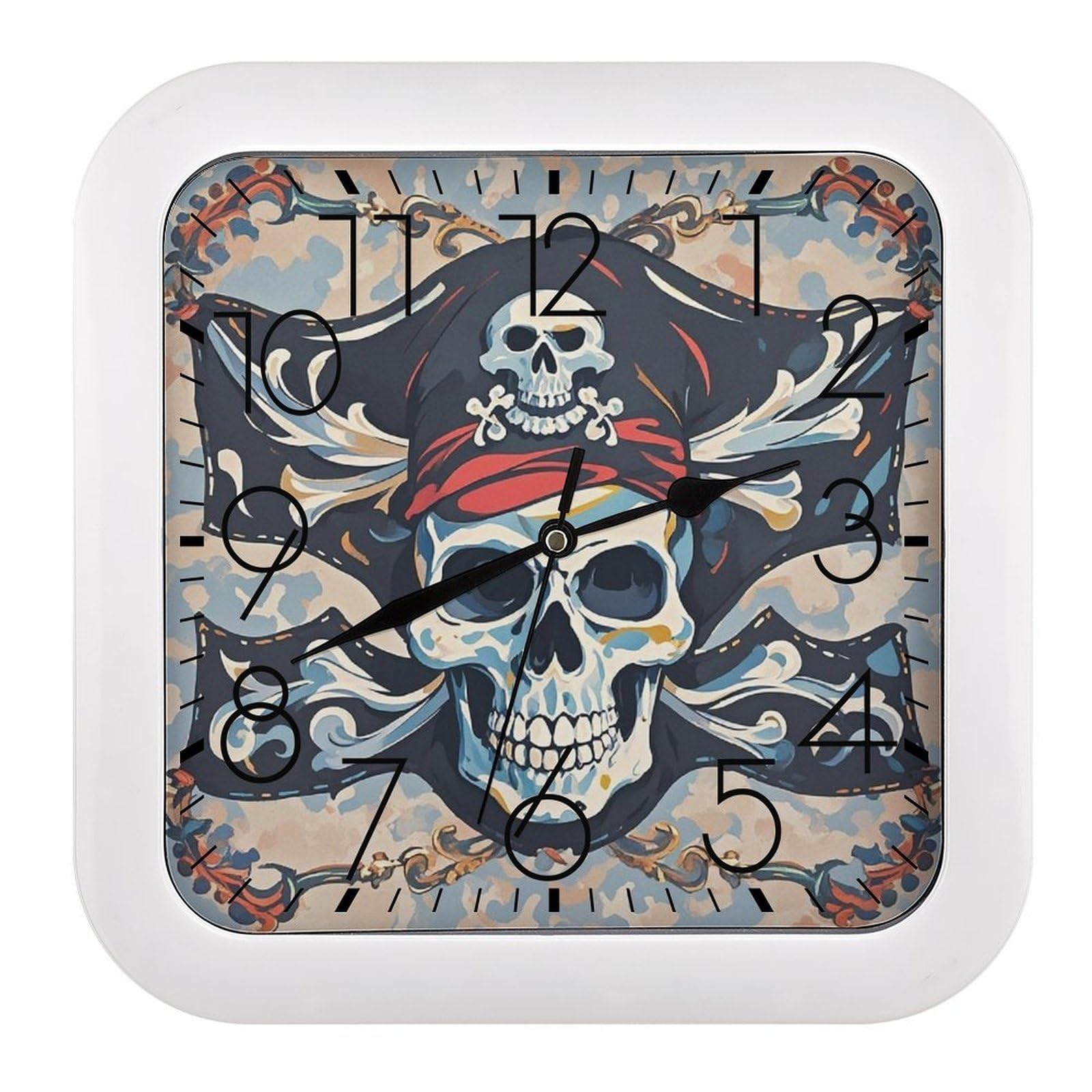 LZQPOEAS Pirate Flag Skull Wall Clock Modern Square Clocks Silent Non Ticking Wall Clocks Battery Operated Small Analog Decorative Wall Clocks for Bedroom Living Room Office Home Gym
