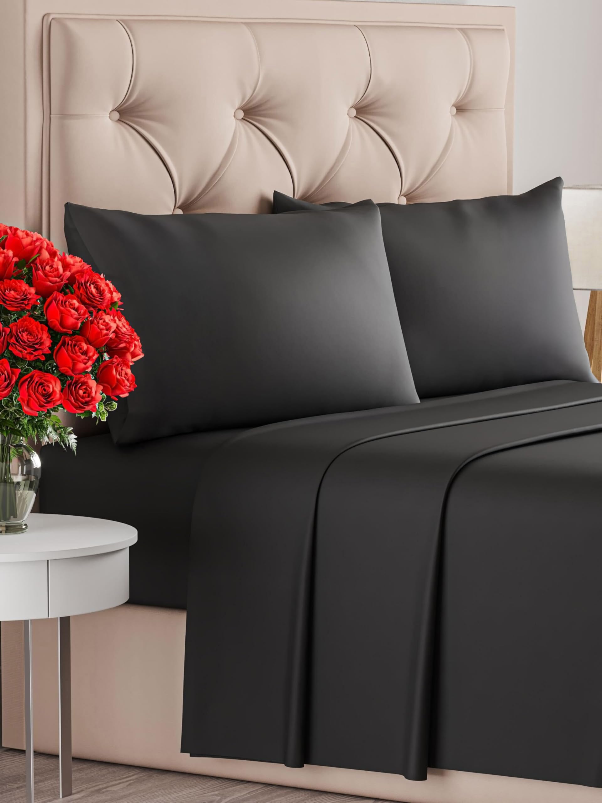 Set lenzuola singolo 4 pezzi – lenzuolo con angoli 90x190cm, lenzuolo piano 170x240 cm e 2 federe 50x80cm – adatto a materassi fino a 35 cm – morbida microfibra di poliestere, OEKO-TEX, Nero