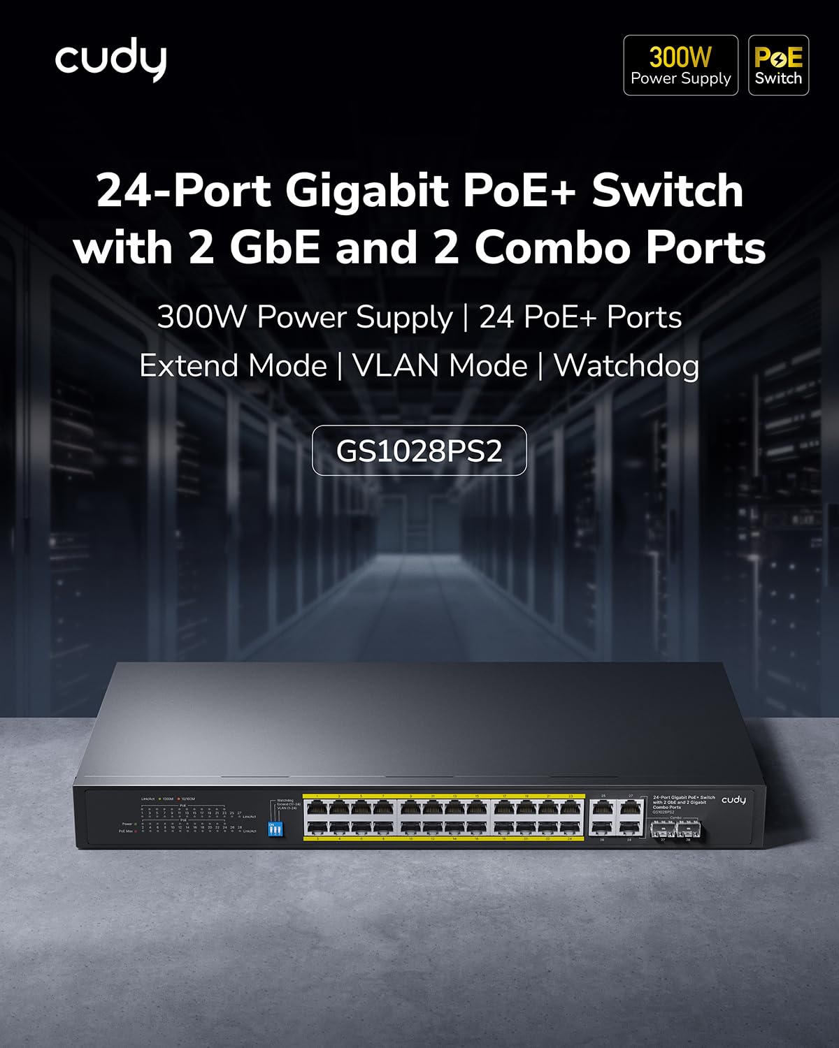 Cudy GS1028PS2 24+4 porte Gigabit Ethernet PoE+ Switch non gestito, 390W, 24 porte PoE+ 100/1000 Mbps, 2 Gigabit SFP Combo, modalità CCTV/VLAN, 19" Rackmount, 802.3af/at