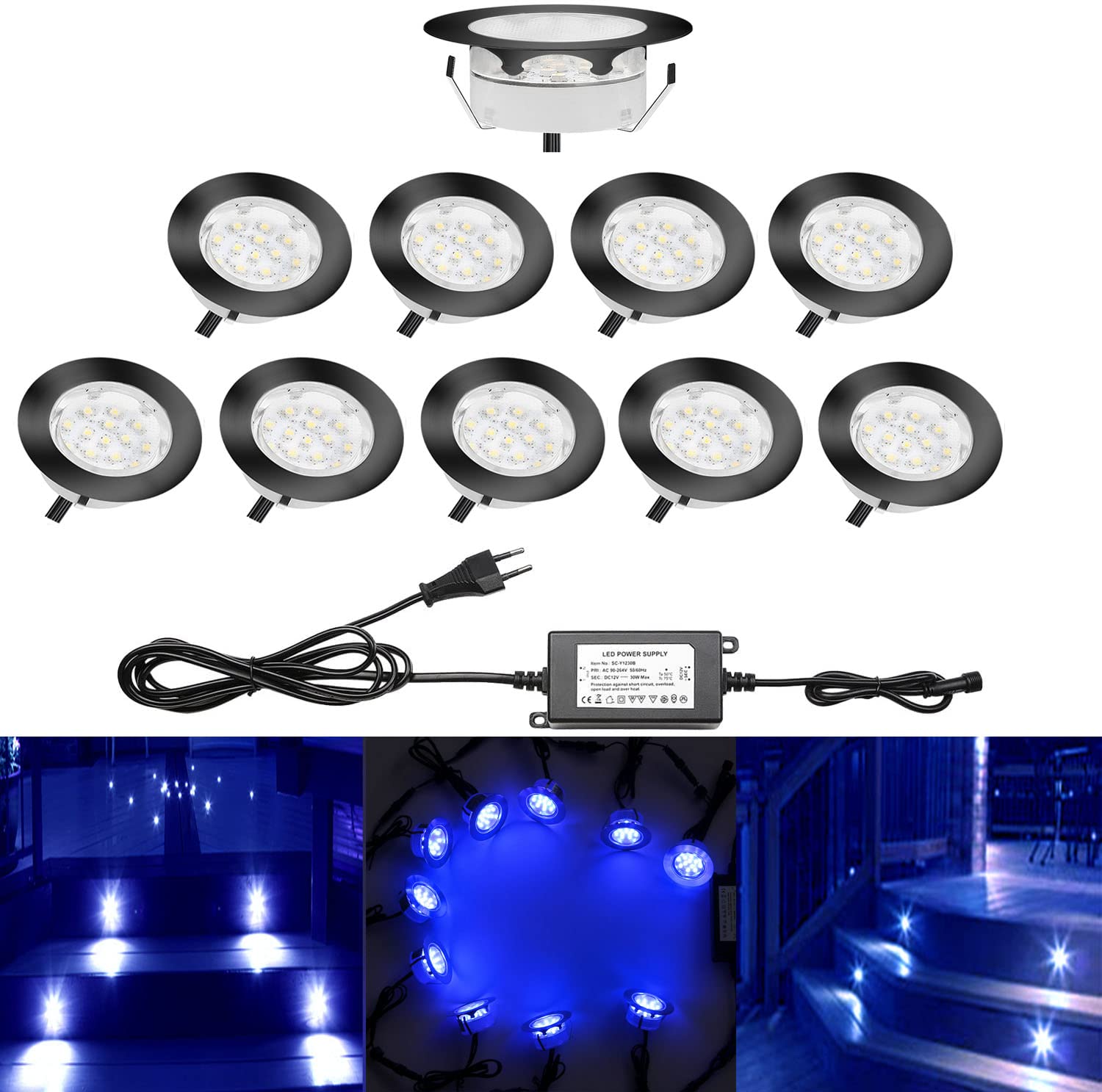 LED Lumière Éclairage pour Terrasse et Patio, Jardin, Pont, Allée et Garage comme Applique Extérieur Étanche IP67 （Bleu Noir 10 Kit）