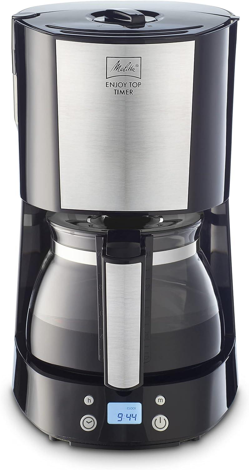 Melitta Enjoy Top Timer 1017-11 - Macchina da caffè con filtro e caraffa in vetro, funzione timer e elettromotore aromatico brevettato, spegnimento automatico, in acciaio INOX, 1,2 litri,colore: Nero Melitta Enjoy Top Timer 1017-11 - Macchina da caffè con filtro e caraffa in vetro, funzione timer e elettromotore aromatico brevettato, spegnimento automatico, in acciaio INOX, 1,2 litri,colore: Nero