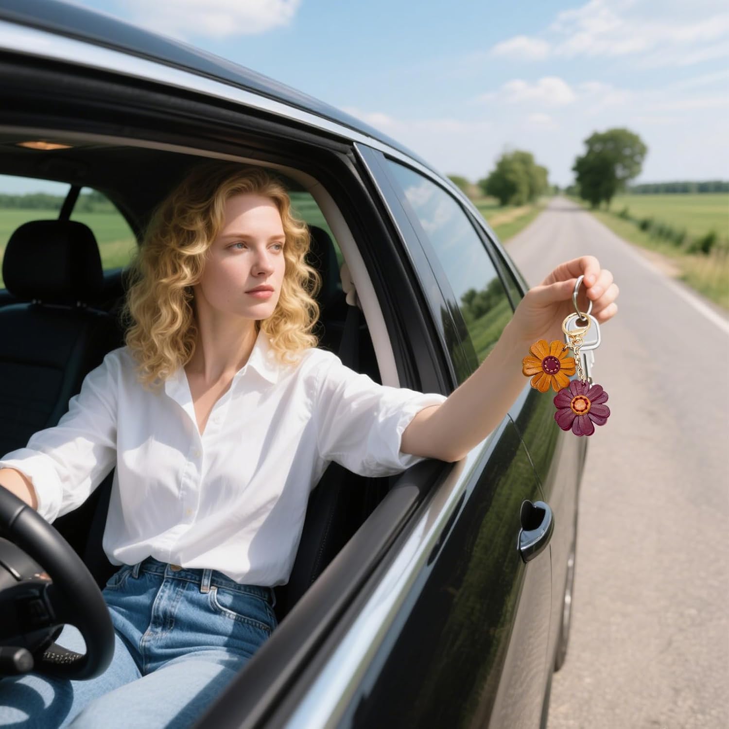 Genuine Leather Flower Decorative Keyring Cute Leather Flower Keychains Boho Accessories Key Ring for Women Wallet Bag Purse Pendant Charms - Image 5