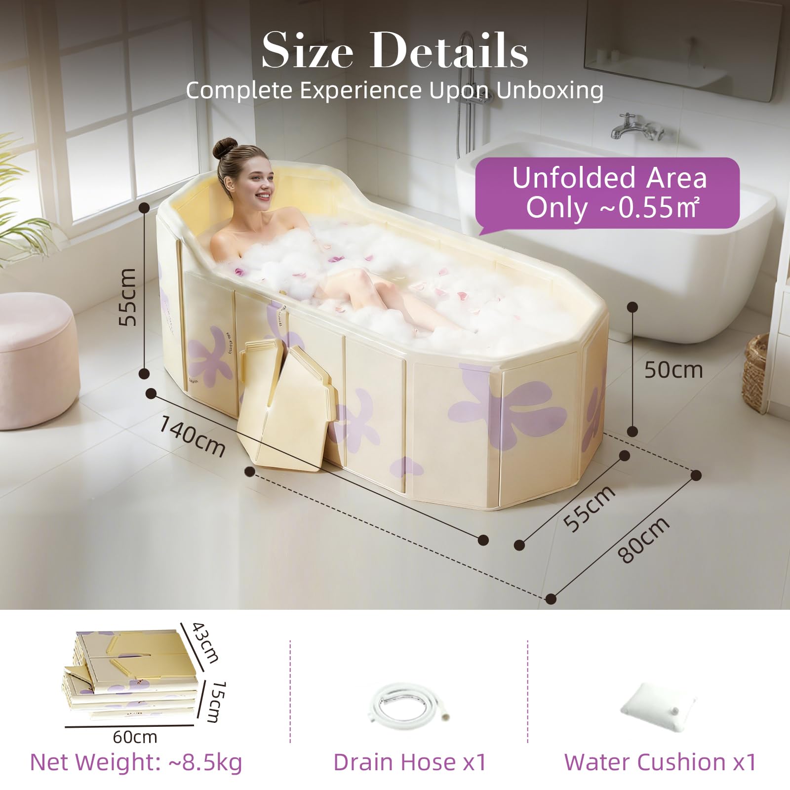 1,4 m Baignoire Pliable Adulte avec Dossier, 140 X 55 X 55 cm Baignoire Pliante Adulte Portable, Bain Froid et Chaude, pour Spa, Sauna, Douche en Couple, avec Coussin et Tuyau de Vidange