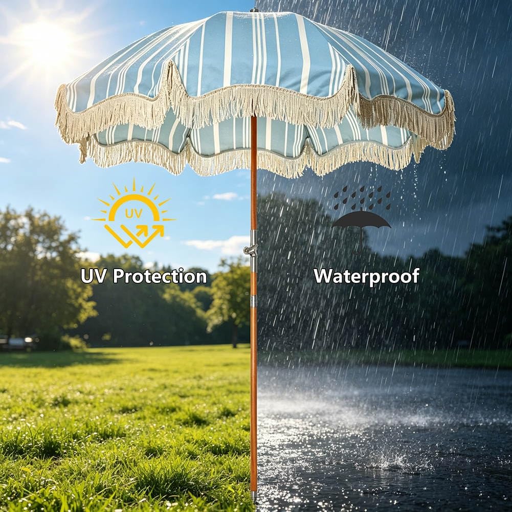 Boho Parasol Plażowy z Frędzlami 200 cm, Parasol Ogrodowy w Paski z Regulacją Nachylenia, Ochrona UV Wodoodporny do Basenu, Ogrodu i na Zewnątrz