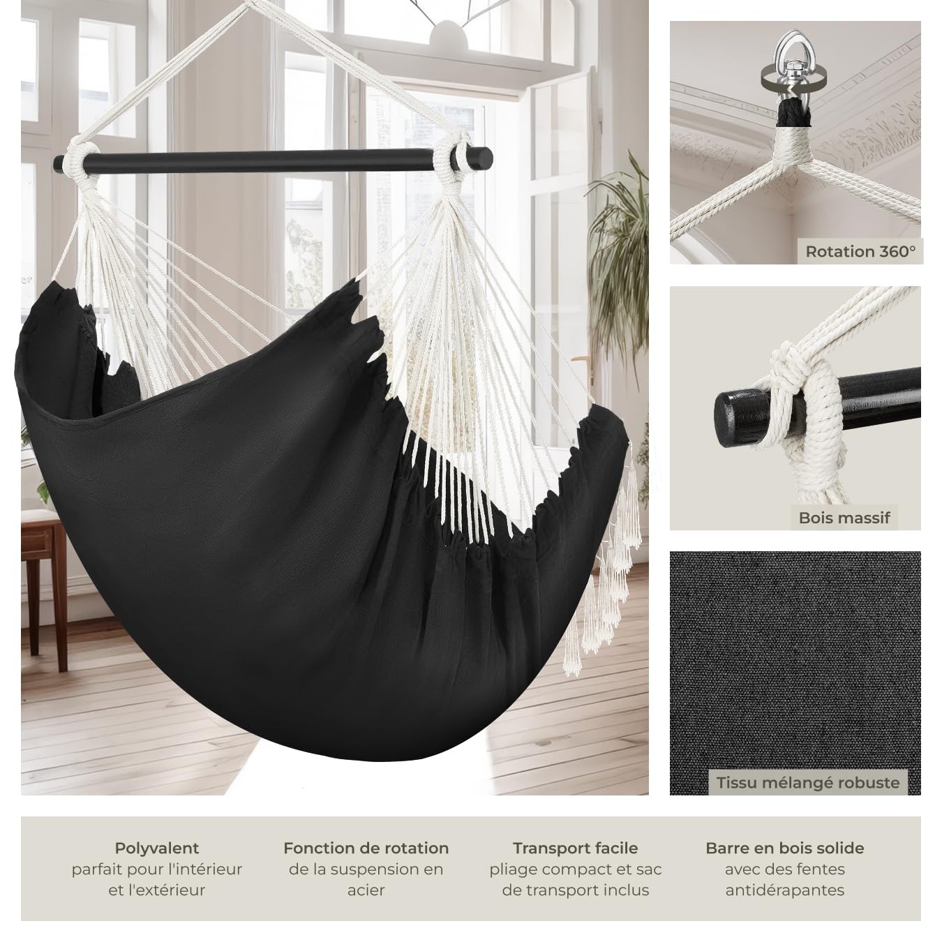 tectake® Fauteuil Suspendu Hamac Intérieur & extérieur, Fauteuil Relax, Fauteuil de Lecture 1 Place Balancelle, 2 Coussin Chaise Inclus Decoration Salon cocooning Jardin