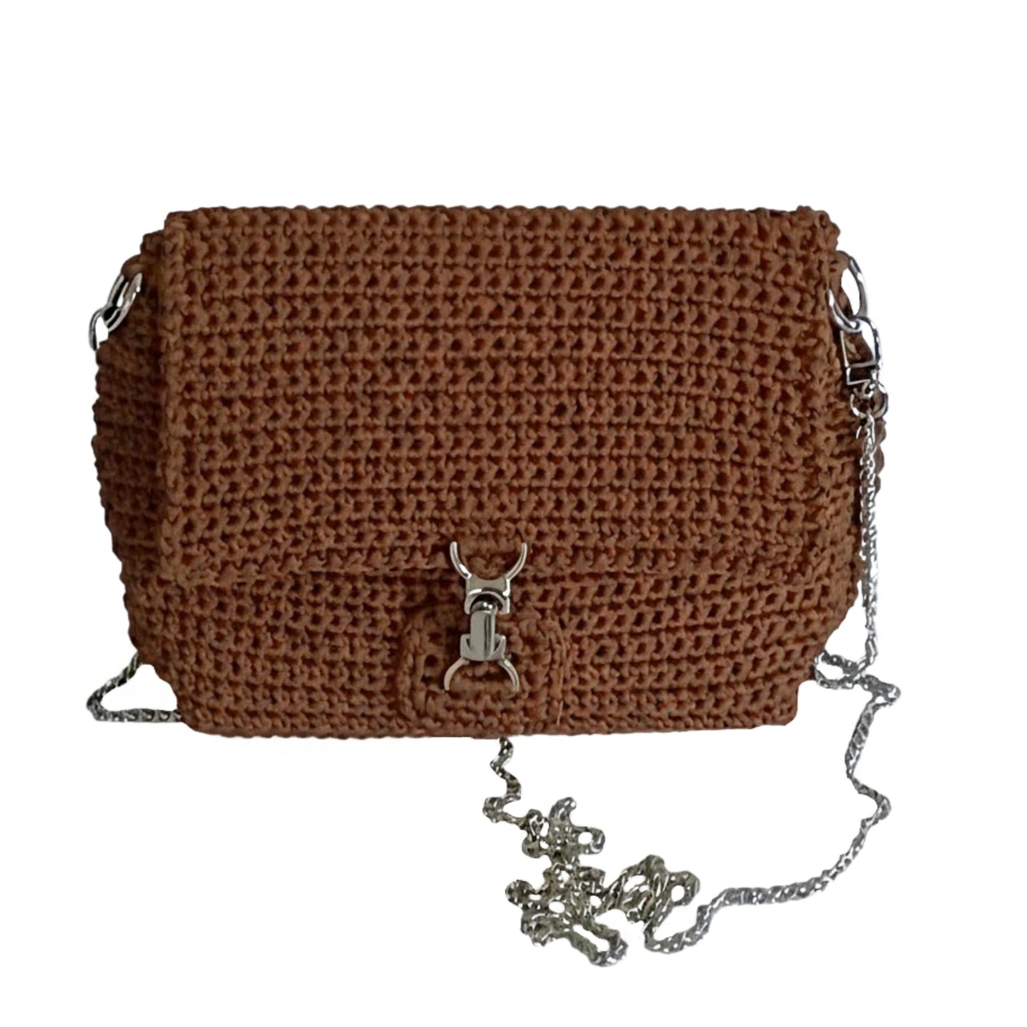 Generico Borsa a Tracolla Uncinetto Fatta a Mano, Marrone Moka, Cordino Italiano, con tracolla 120 cm, 25x17x6 cm