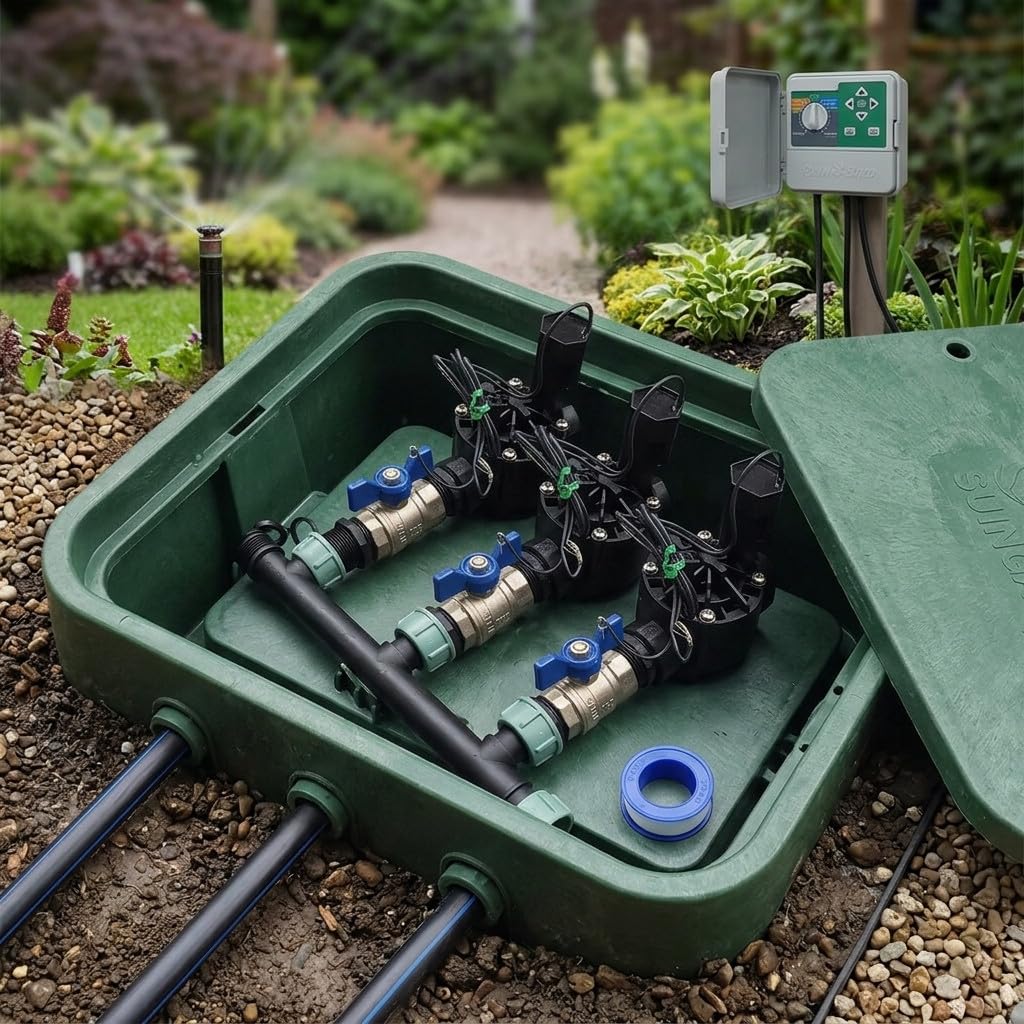 Suinga Sistema de Riego Automático para Jardín de 3 Zonas | Electroválvula HV 1" 9V | Programadores a Pilas