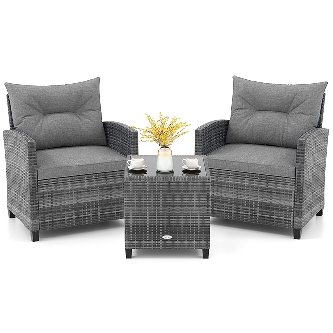 KOTEK 3件套户外庭院家具，PE藤编会客套装，带可洗坐垫和钢化玻璃桌面（灰色）