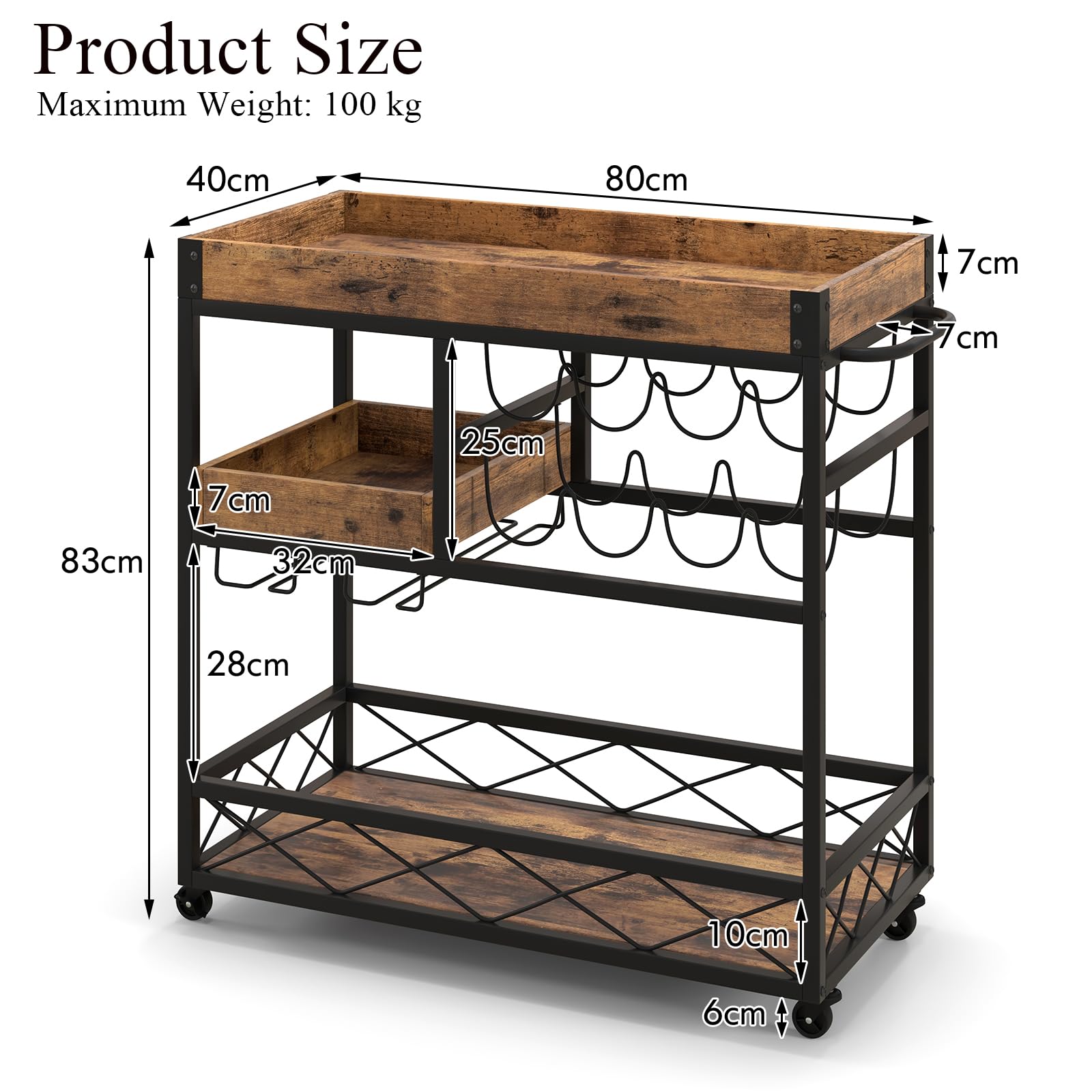 KOMFOTTEU Botellero móvil, 3 Niveles de Almacenamiento, Bandeja Superior extraíble, 4 Ruedas en la Parte Inferior, MDF y Hierro, para Cocina, Bar, 94 x 40 x 82 cm, Grano de Madera Industrial