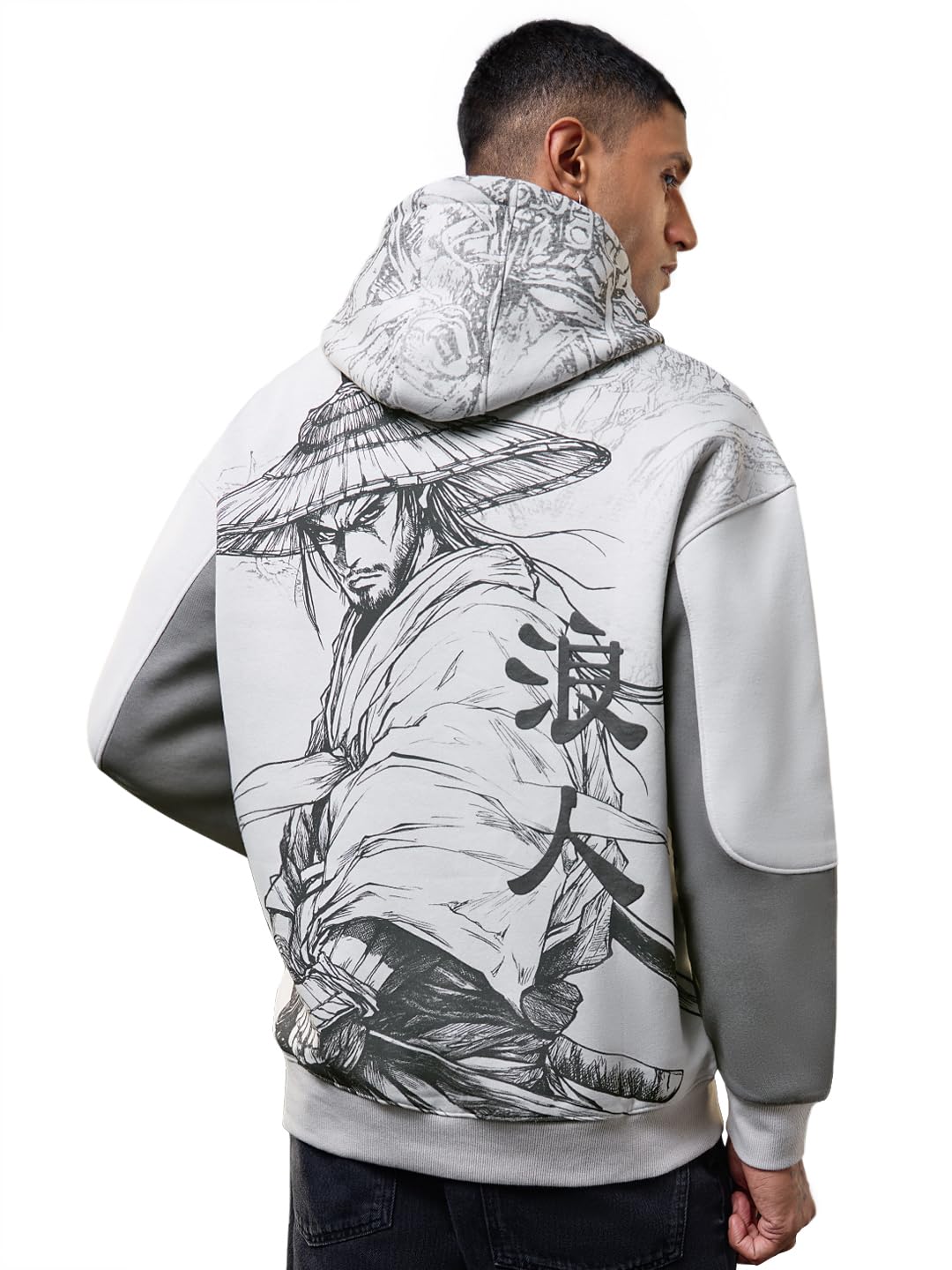 Ronin Men and Boys Full Sleeves Hooded Neck Grey Graphic Printed Cotton Blend Drop Shoulder Streetwear Trendy Premium Fleece Print Oversized Hoodie-image-28