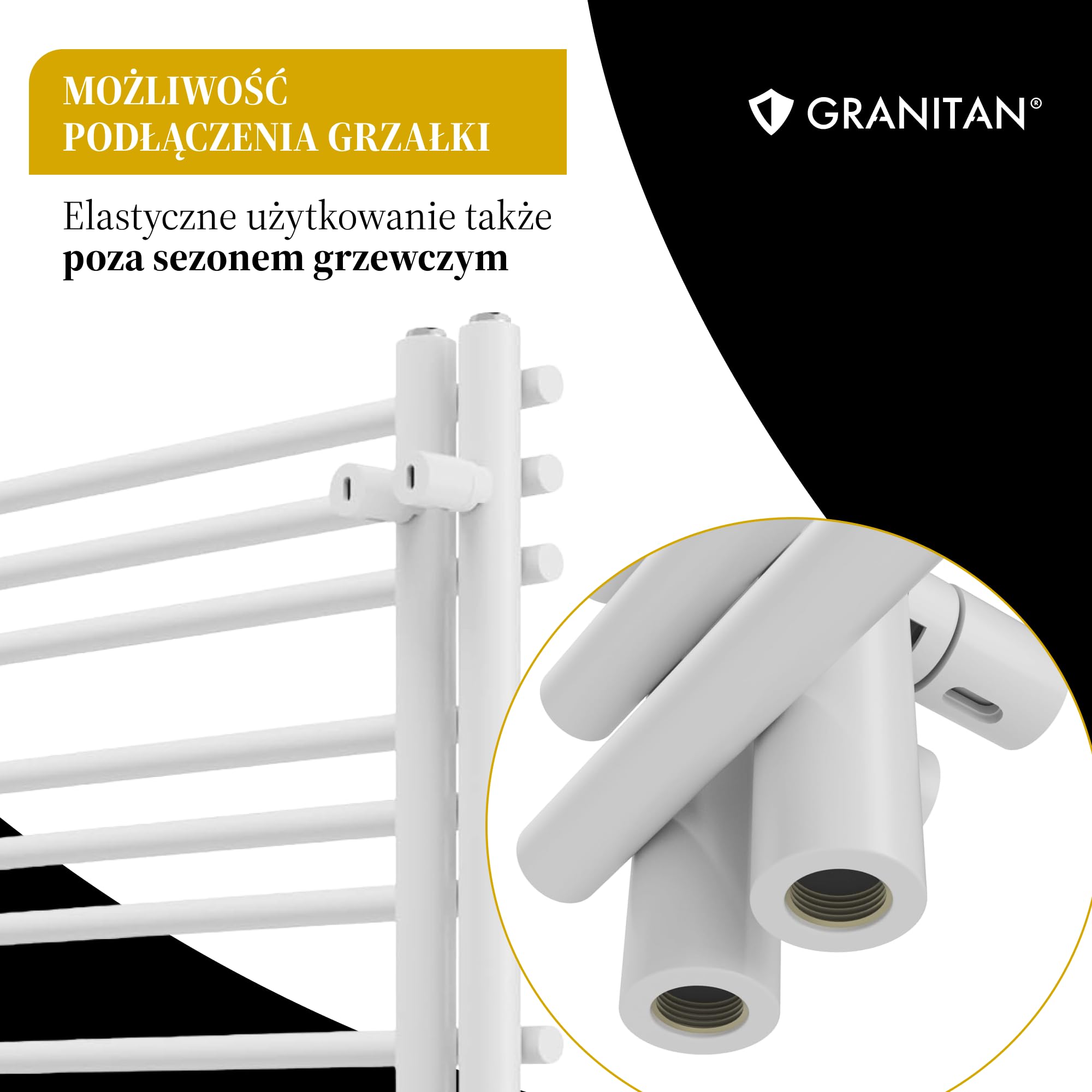 Granitan Grzejnik Łazienkowy MILO 90x50 cm, Biały, 400W | Grzejnik Łazienkowy Wodny, Ścienny grzejnik, drabinka do suszenia ręczników, podłączenie do centralnego ogrzewania