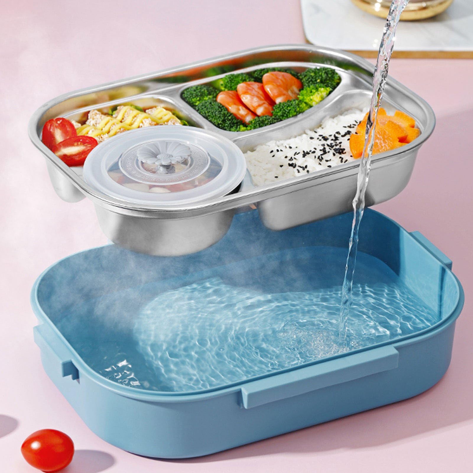 Tissting Edelstahl Lunchbox 4-Fach, 1500ml Brotdose Edelstahl Metall Bento Lunchbox Auslaufsichere Bento Box Brotzeitdose Vesperdose Brotbüchse für Studenten Erwachsene (with soup bowl: blue (spoon)