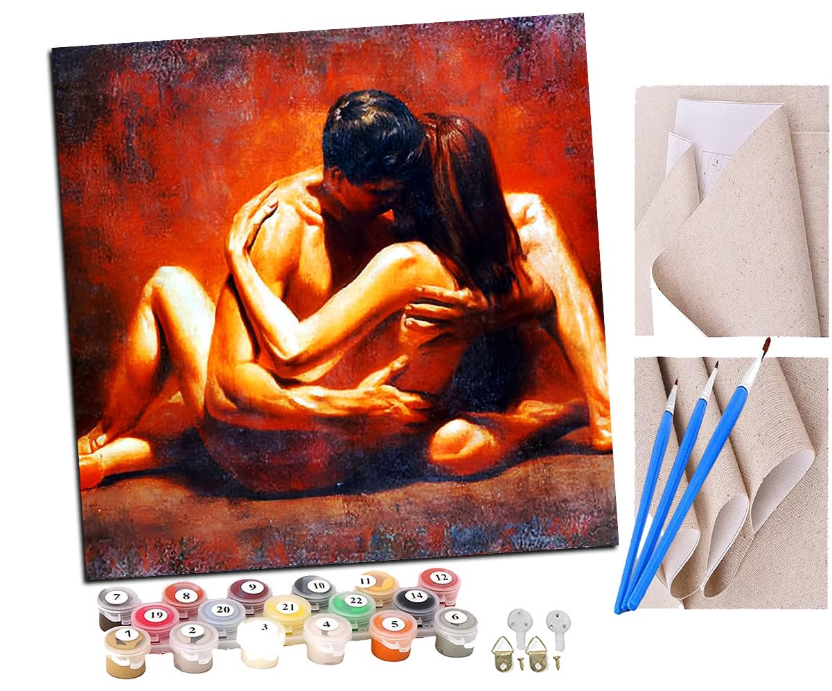 SENDJJ Paint by Numbers for Adults, 40x40 cm Acrylic Oil Paints by Numbers for Adults Beginner Kids Retro Nude Loving Couple Men and Women Painting Kit with 4 Brushes Watercolor Paints Easy
