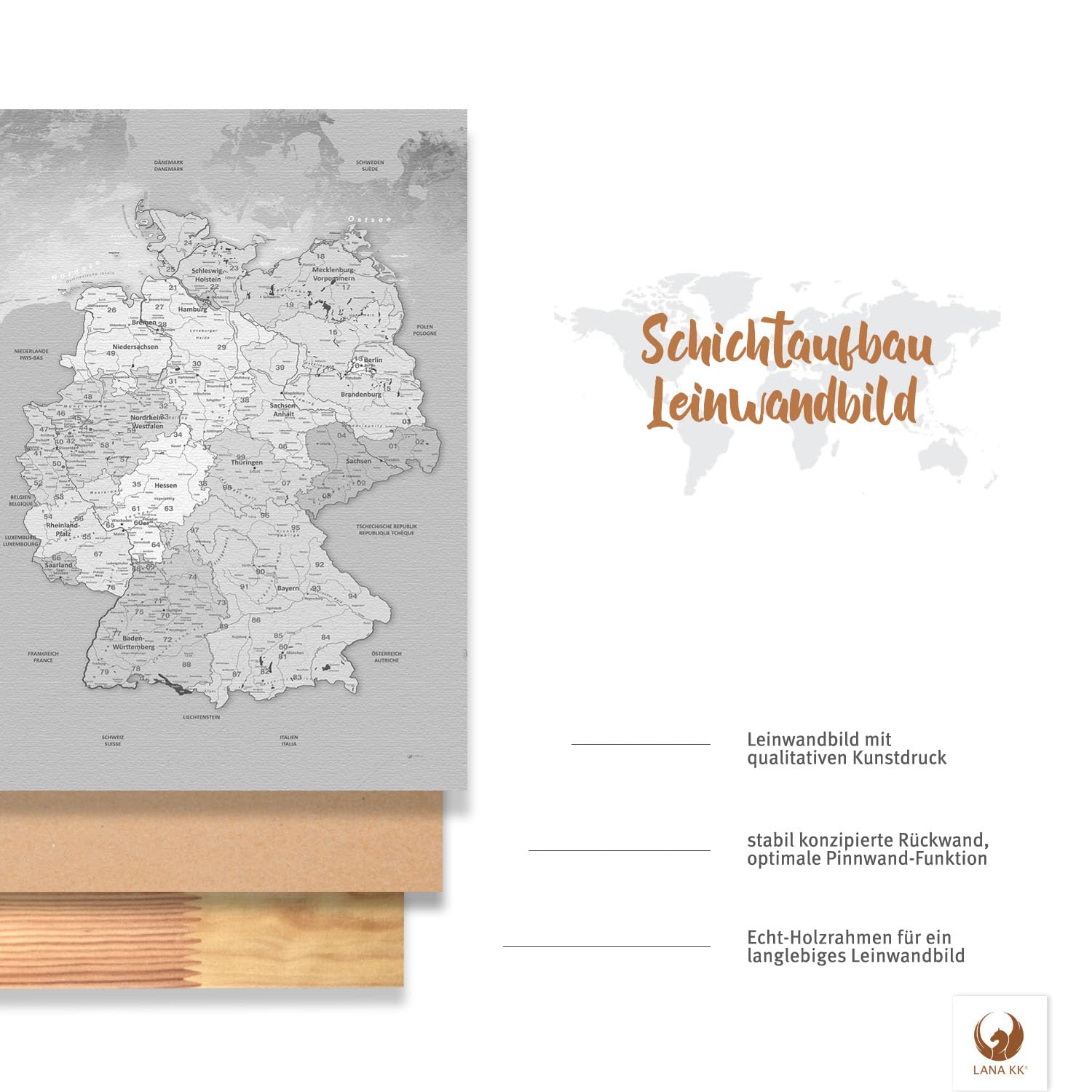 Stilvolle Pinnwand Deutschlandkarte - Hellgrau - Deutsch in 40 x 60 cm, stabile Rückwand zum Pinnen inkl. Starterkit - Leinwand-Kunstdruck Wandbild Landkarte XXL