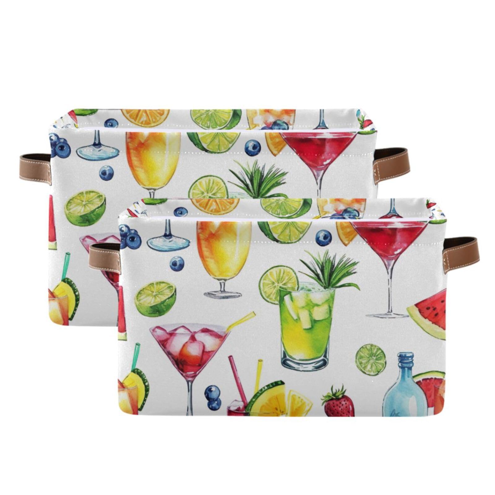 PaChyLuu Watercolor Cocktail Pattern Storage Basket Bin Canvas Fabric Organizer Toys Basket with Handles for Home Office Nursery, Clothes, Gifts, 2 Pcs