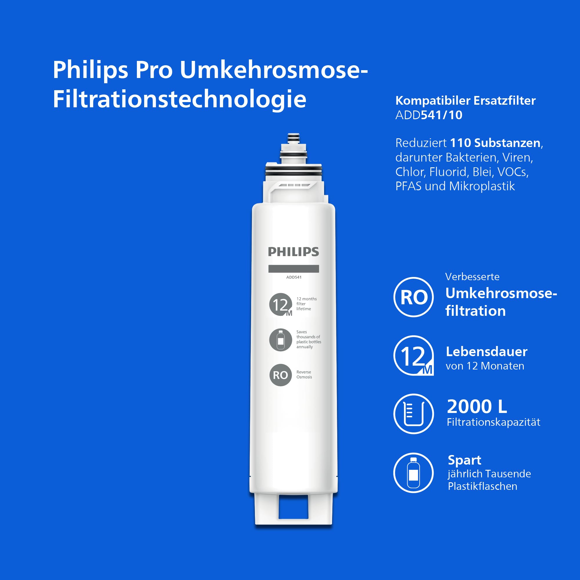Philips 6100 Umkehrosmose-Wasserspender: Heißes, gereinigtes Wasser in Sekunden, 5-in-1-Umkehrosmosefilter-Filter reduziert >110 Schadstoffe, 3:1 Rein-Abwasser, UV-C-Schutz, keine Installation, 2000L