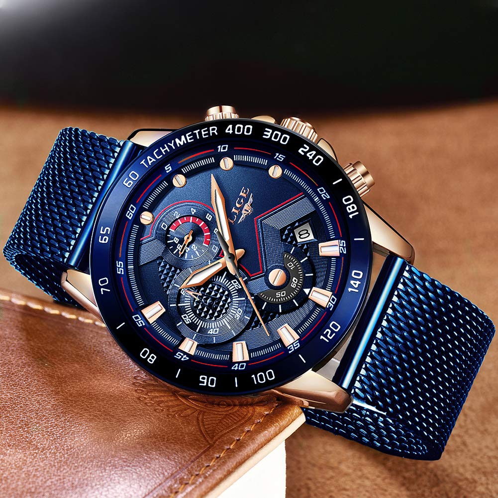 LIGE Cronografo da uomo Impermeabile Analogico Quarzo Orologi…, Blu, cinturino, Blu, Bracciale