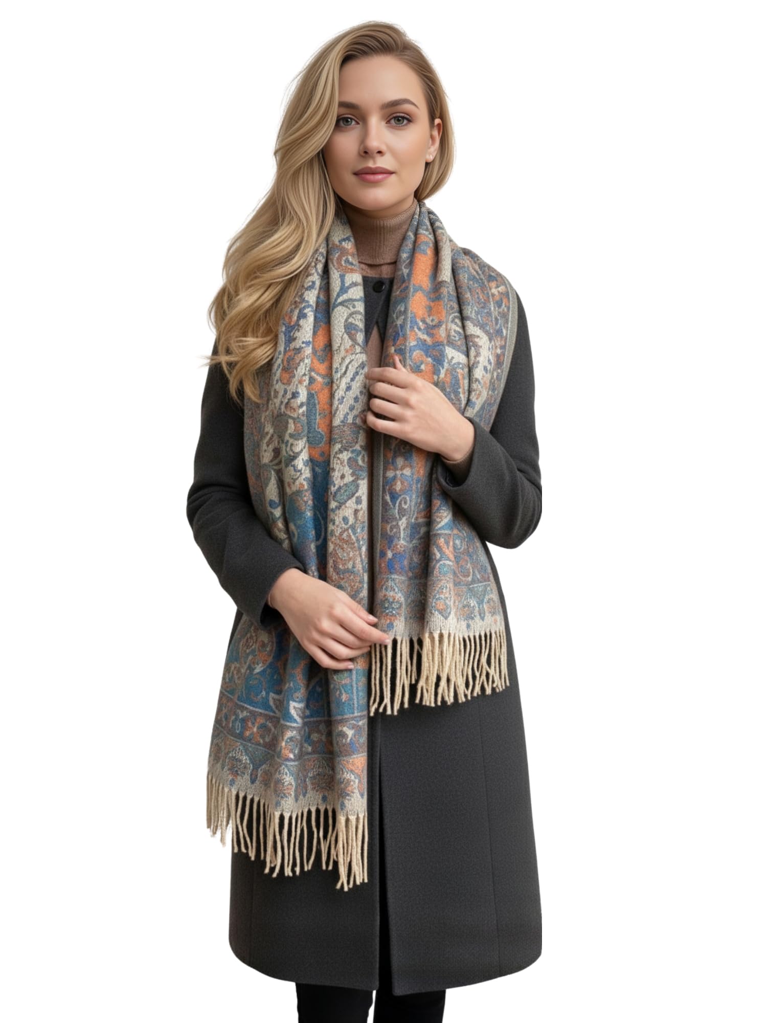 The Accessory Co. Womens Pashmina Scarf Shawl Wrap - Blanket Scarf - Large Long Oversized Paisley Rainbow Ladies Scarves, Winter Scarfs, Thick Warm Indian Shawls, Stole (Cream/Blue)