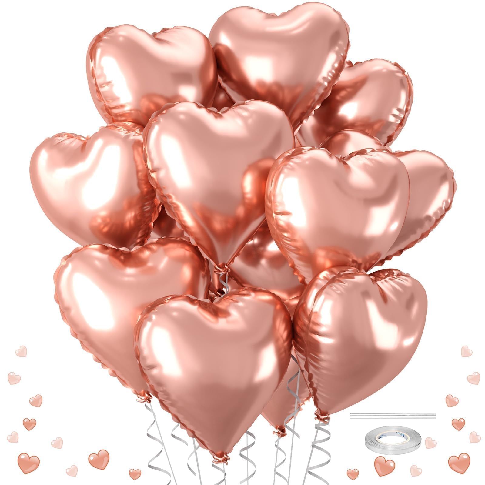 Rose Gold Heart Balloons, 12 Pcs 18 inch Heart Shaped Foil Balloons, Large Helium Love Valentines Balloon for Valentines Day Wedding Engagement Bridal
