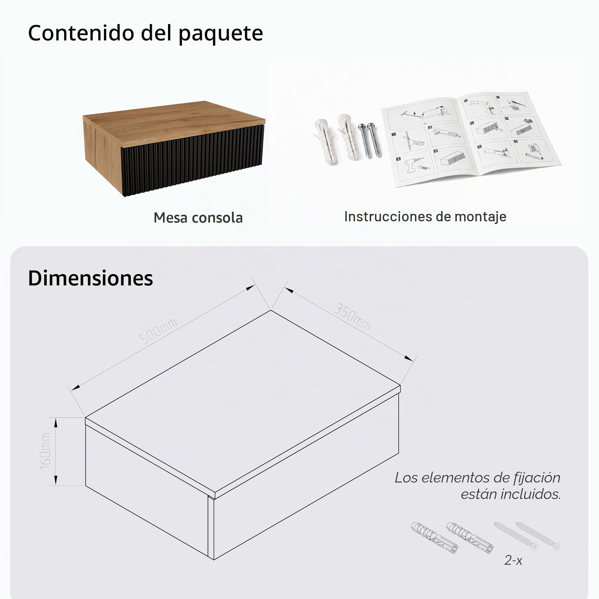 Planetmöbel Amyra - Consola estrecha con cajón, consola de pared para armario, pasillo y tocador, color dorado y negro, 50 x 16 x 35 cm