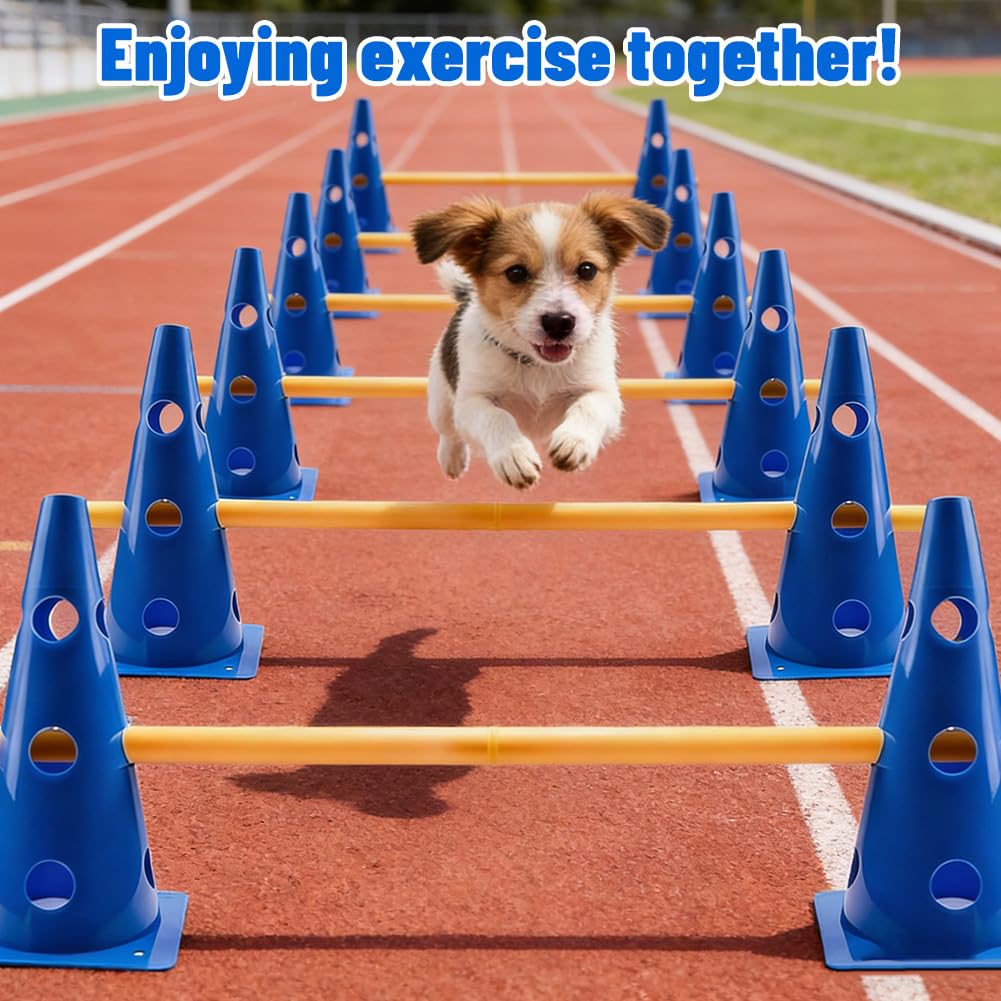 Steckhürden Set für Agility Training, 5 Stück Hindernisse mit 10 Kegel 23cm Höhe und 5 Stangen 80cm Lang, Verstellbare Hürdenset für Hundesport, Pferdetraining und Kinderturnen