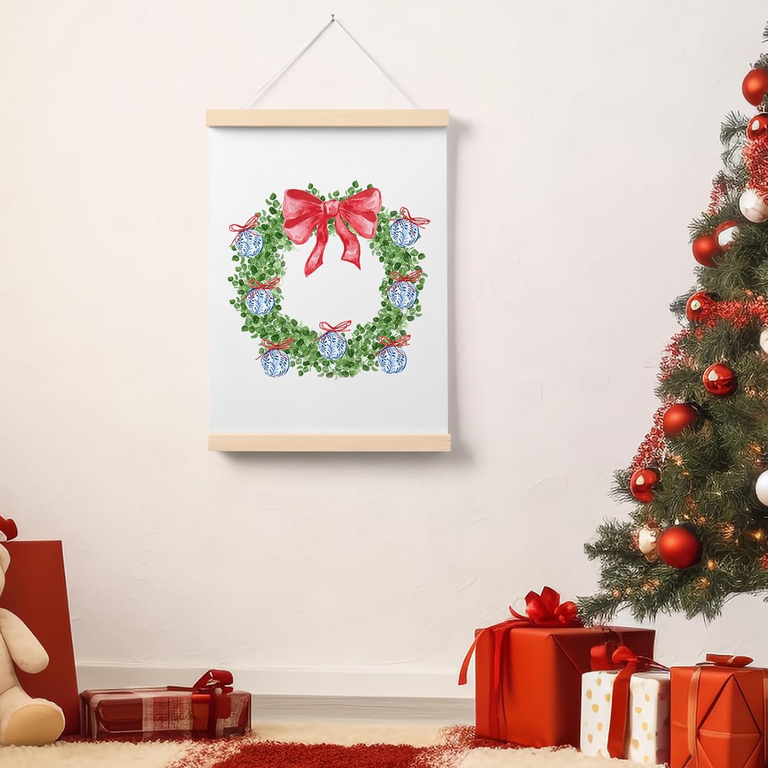 PaJiaNi Chinoiserie Christmas Wreath Wall Art,Blue and White Chinoiserie Ball Ginger Jar Wall Decor,Coquette Bows Winter Christmas Holiday Decoration Posters for Bedroom Living Room Office 12x16 Inch - Image 3