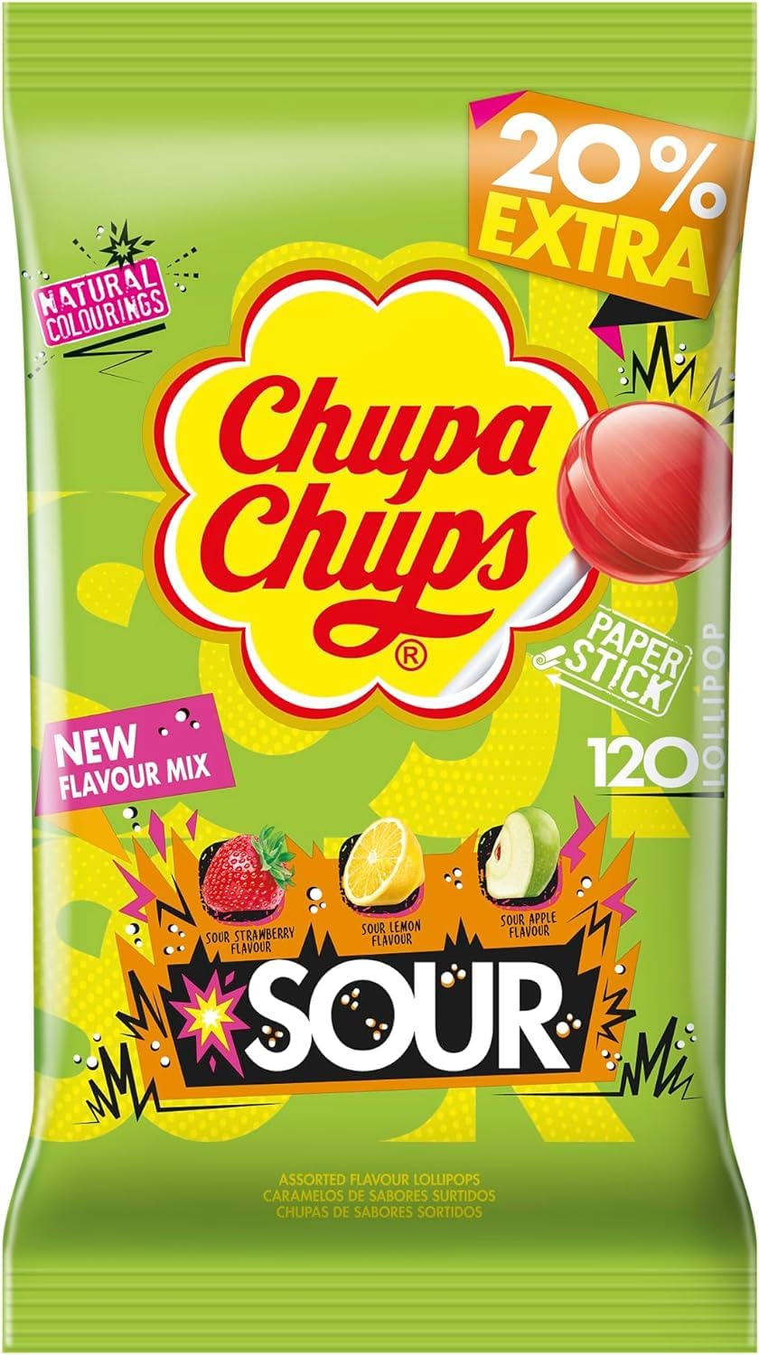 Chupa Chups Sour Lollipop Bulk Bag, 3 Flavours Of Party Sweets With Natural Colourings, Suitable for Vegetarians - 120 Lollies