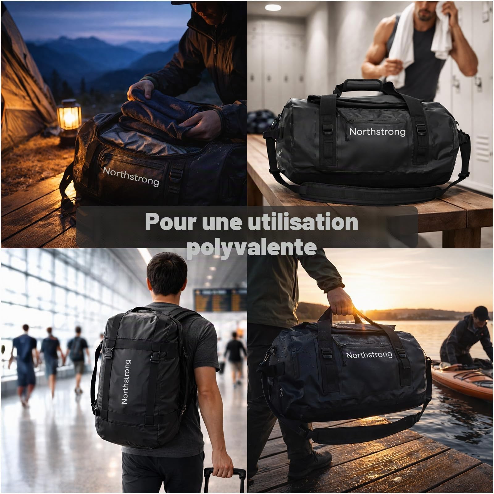 Northstrong Sac Imperméable – Duffle Bag avec Compartiments Séparés – Capacité 60L & PVC 500D Résistant – Sac à Dos avec Bretelles Réglables – pour Sports Nautiques, Outdoor & Voyage – Noir