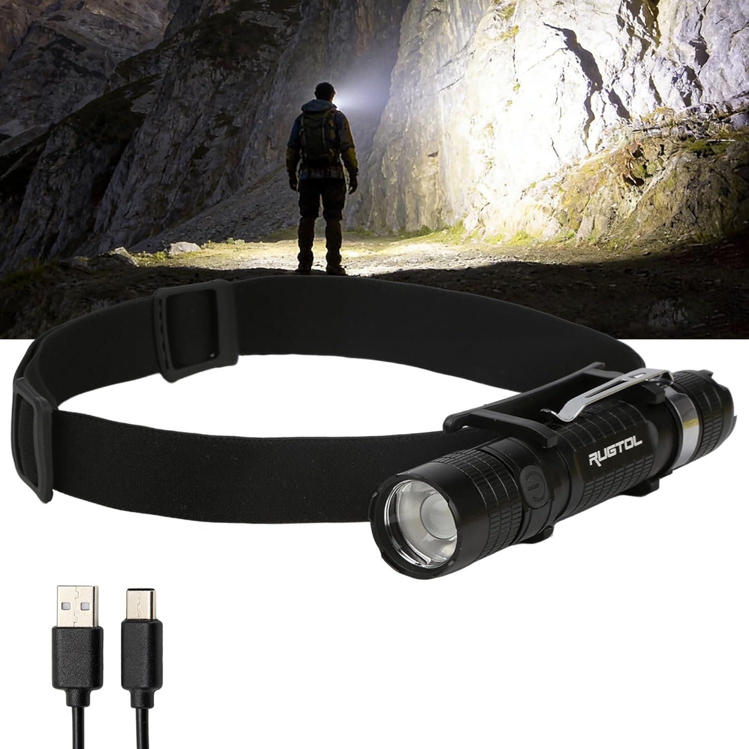 Rugtol Headlamp, USB C Rechargeable Battery Powered Head Lamp LED Flashlight with Clip Magnetic Base, 1000 Lumens Zoomable Aluminum Headlamp IPX4 Waterproof for Hard Hat Working Running Hiking