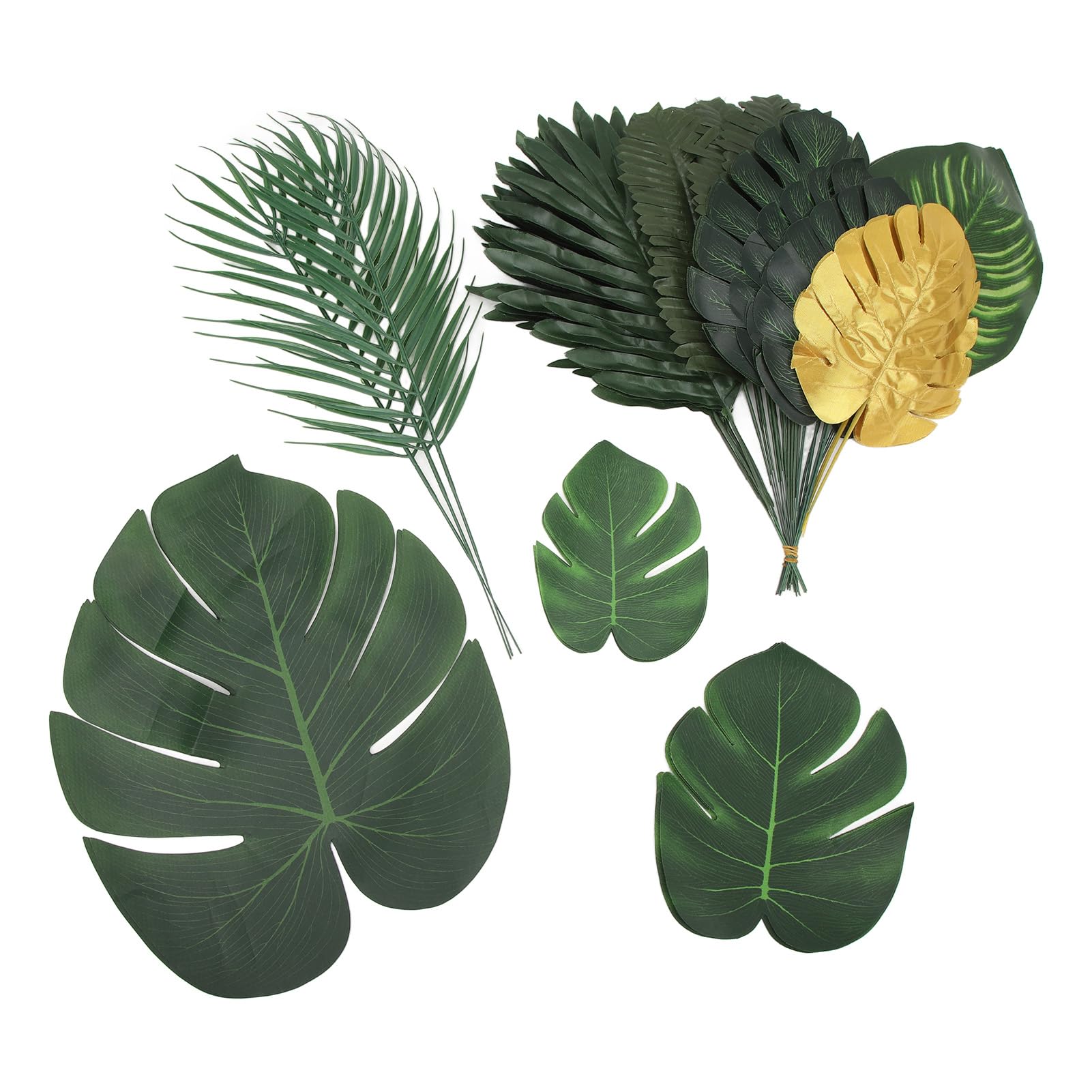 Muiltvoe Artificial Tropical Plants Jungle Leaves - 70Pcs Mix Green Gold Fake Palm Stem Monstera Leaf for Hawaiian Luau Party Jungle Beach Decorations