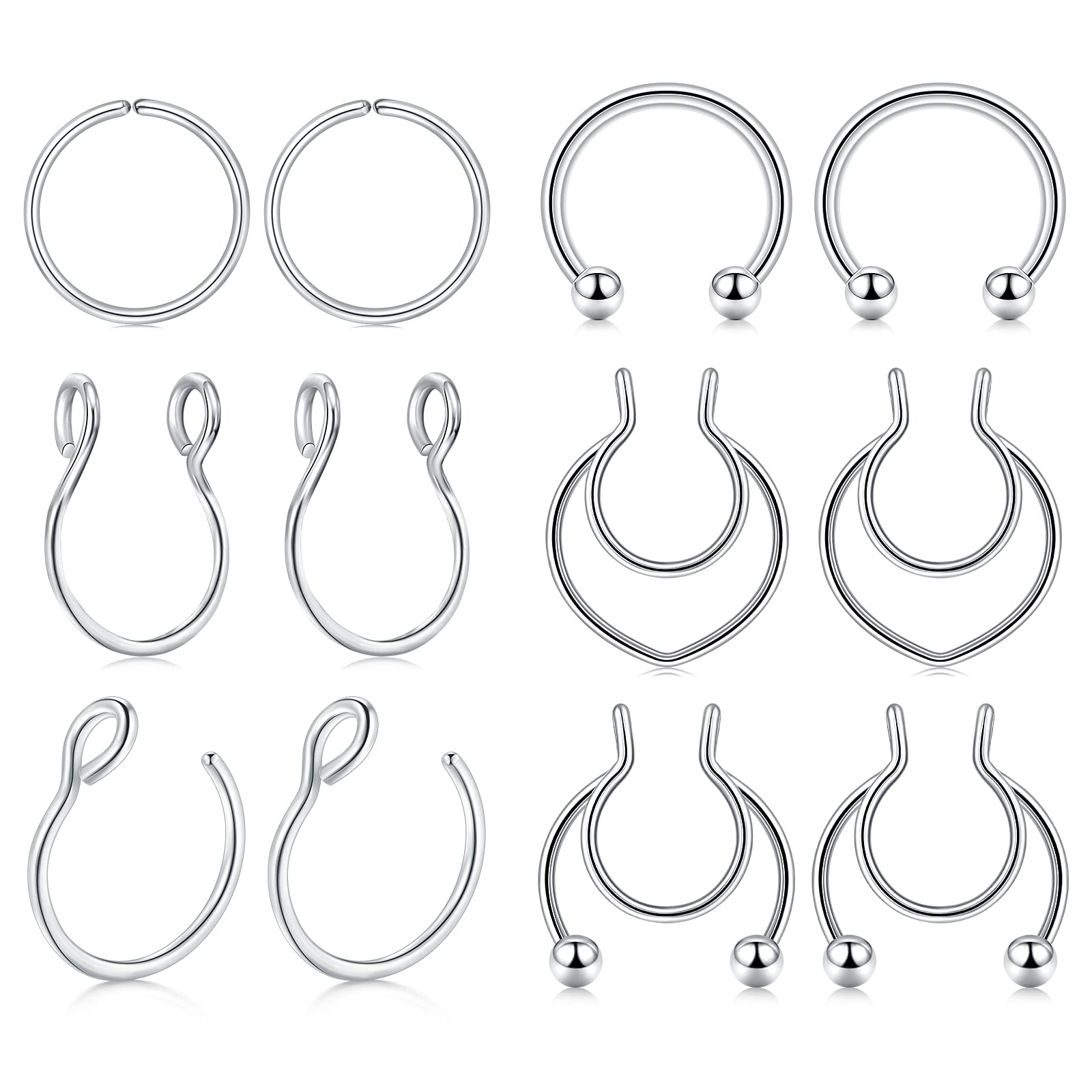 Funseedrr12-15pcs Fake Nose Piercing Ring Surgical Steel 18G 20G Fake Septum Nose Piercing Ring Thin Without Hole Piercing Jewellery