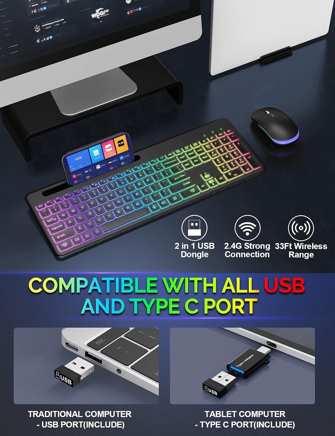 Wireless Keyboard and Mouse Combo with 9 Backlit Options, Full Size Keyboard & Mouse Set with Phone Holder, 2.4G Lag-Free Rechargeable USB-A & C Cordless Set for PC, Laptop, Mac, Windows, by SABLUTE