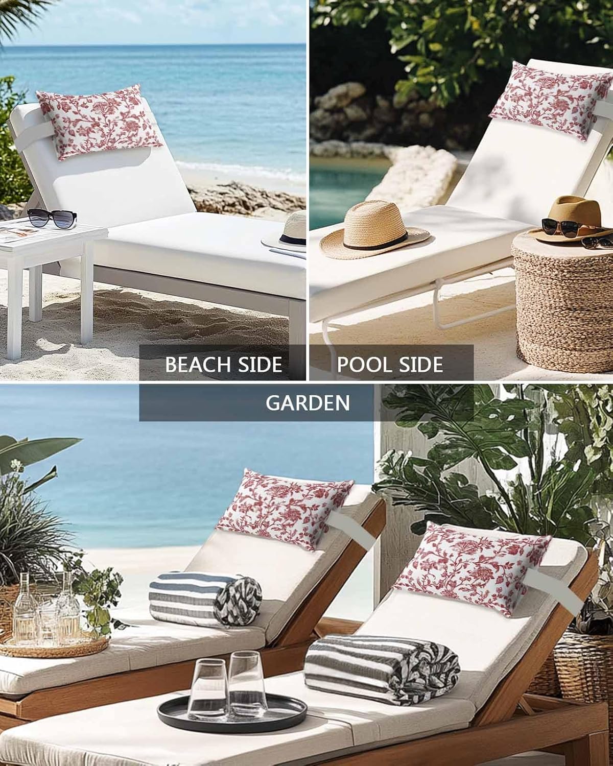 Red Boho Flower Outdoor Beach Pool Chaise Lounge Chair Throw Pillow Covers 11x16 with Insert and Adjustable Elastic Stripe Set of 1 Vintage Paisley Farmhouse Pattern Bed Lumbar Cushion Pillow Cases